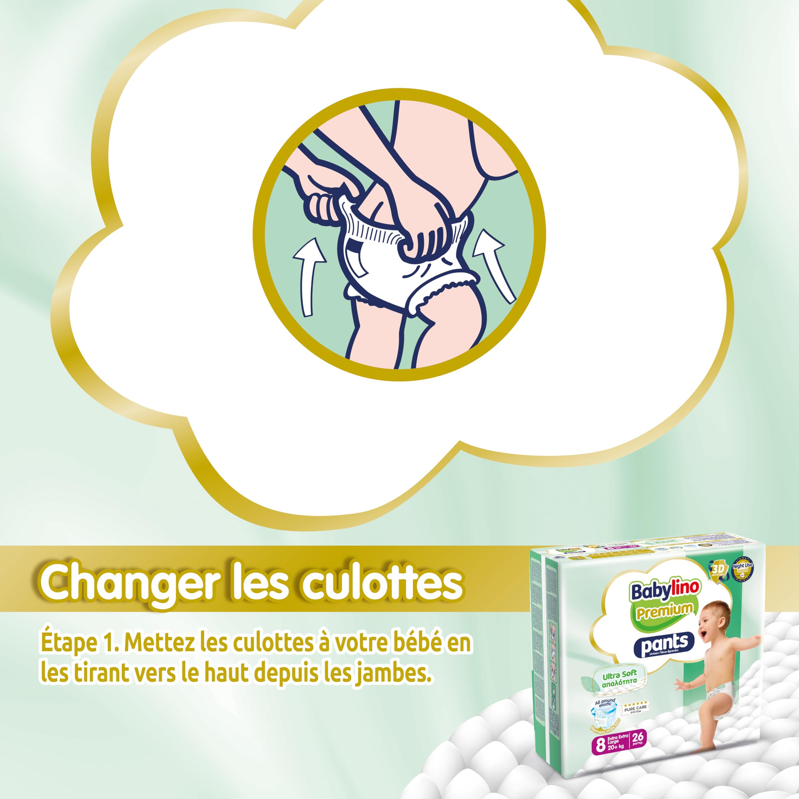 Babylino Premium Pants, Couches culotte Taille 8 avec filtre ULTRA SOFT, XXL (20+kg), 26 unités