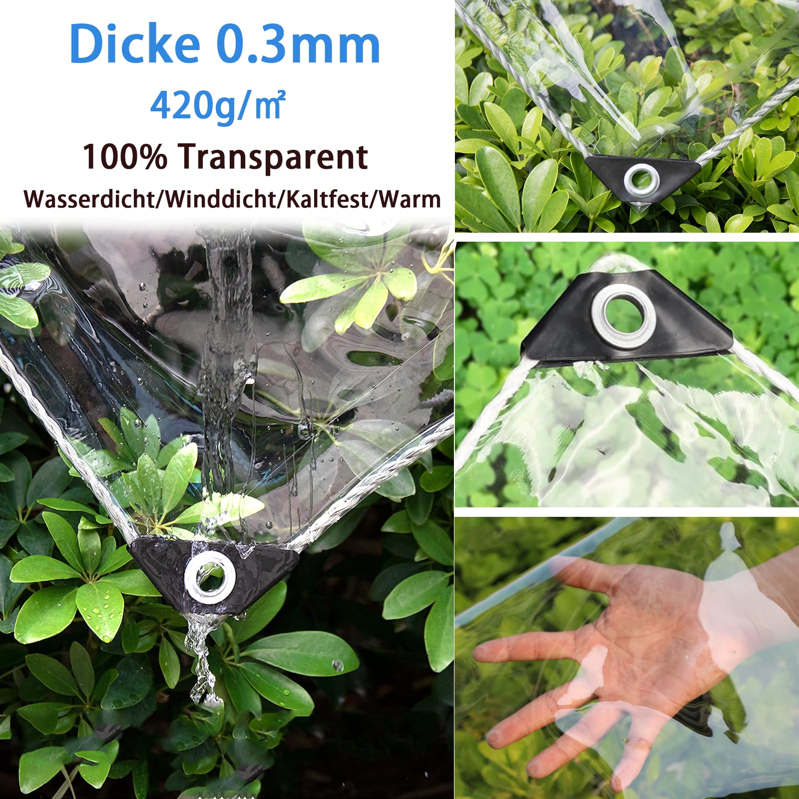 Telone impermeabile in PVC trasparente con occhielli, 420 g/m², resistente alle intemperie, invernale, trasparente, antistrappo, per mobili da giardino, serra, gazebo, parti laterali (3 x 5 m)