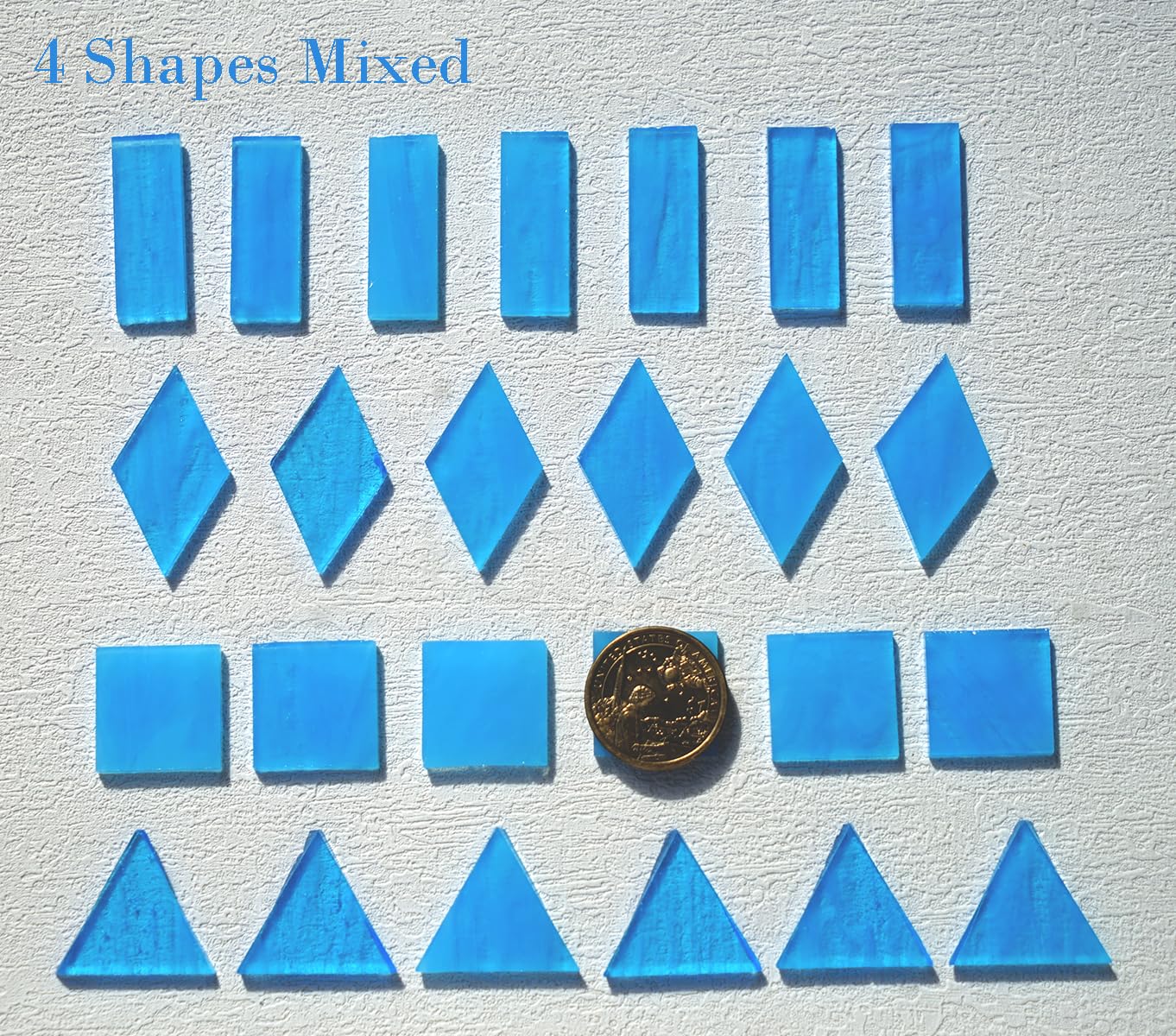 70 piastrelle in vetro trasparente, 200 g, pezzi di vetro colorato di grandi dimensioni, per fai da te, mosaico, 4 forme per Mosiac Presente, azzurro