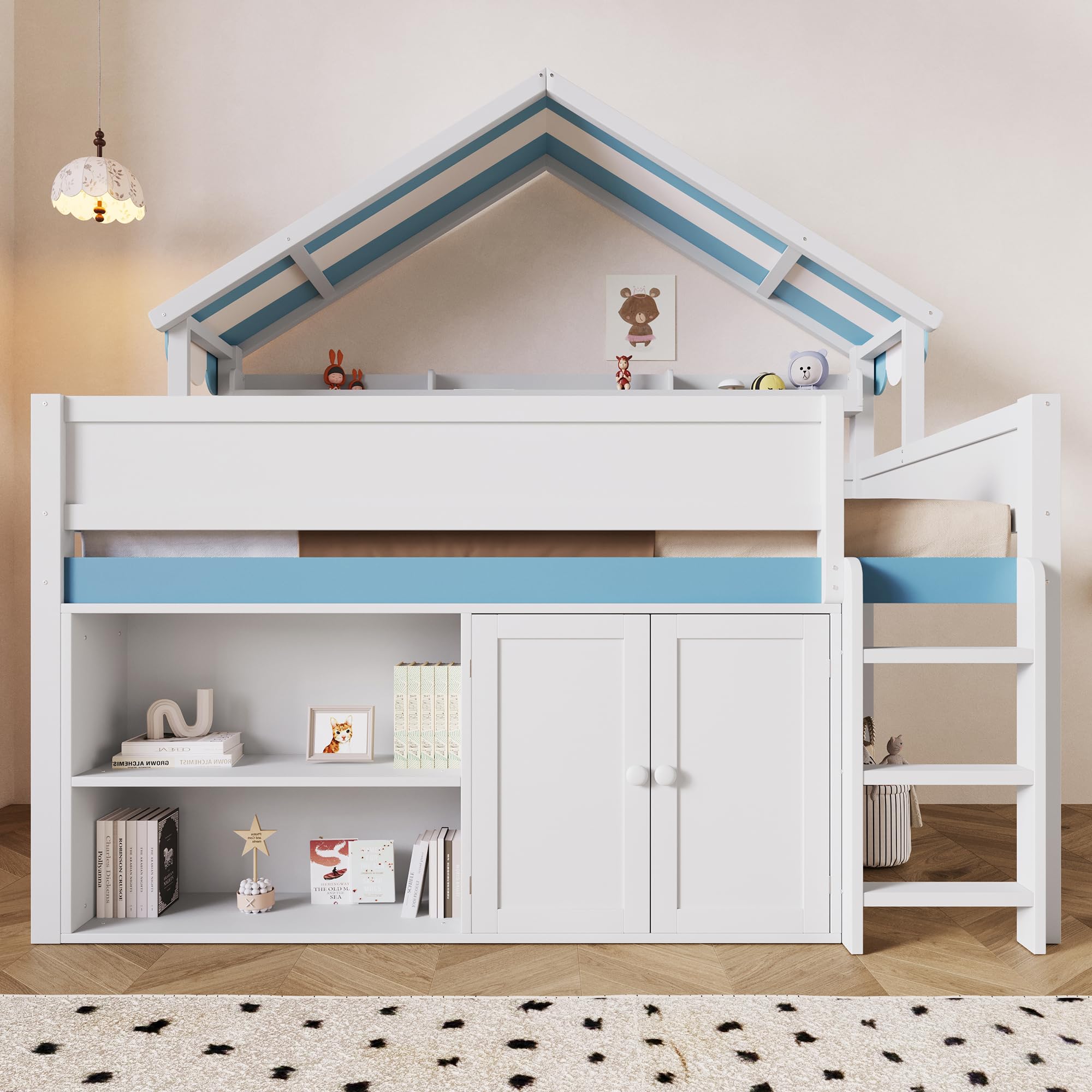 Full Size House Loft Bed with Canopy Roof and Storage, Perfect for Kids' Bedroom, Sleepovers &amp; Organized Living (White+Blue)