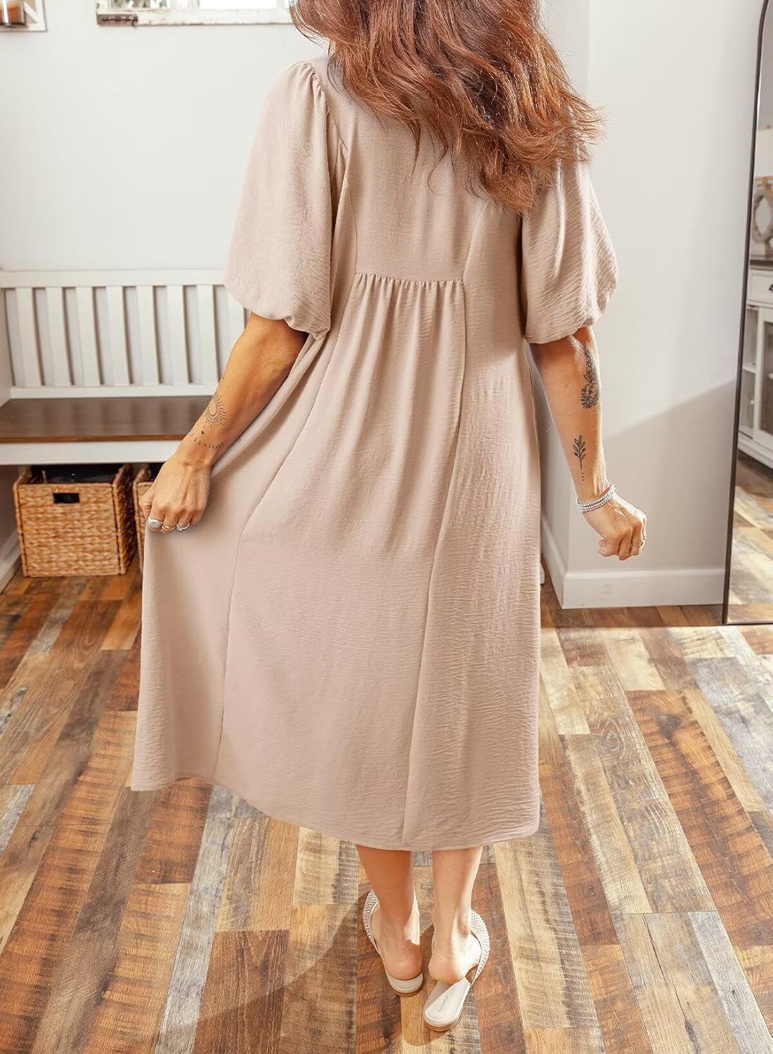 Dokotoo Summer Dresses for Women 2026 Casual Dresses V Neck Puff Sleeve Empire Waist A-Line Maxi Dress