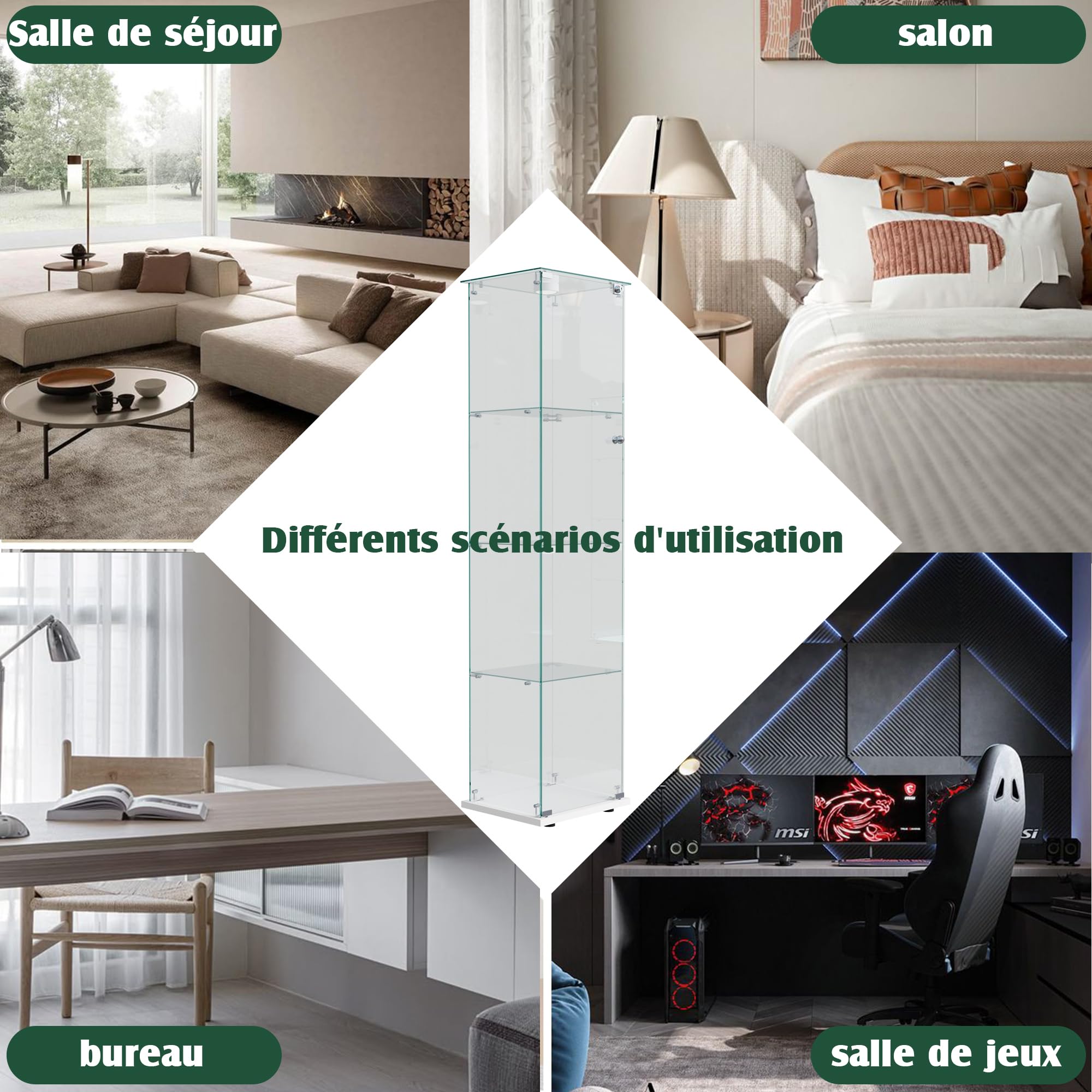 vitrina de cristal, armario de colección moderno de cristal de 4 capas, con luz LED multicolor, escaparate para manualidades, salón, libros (blanco, 1 puerta de 4 pisos)