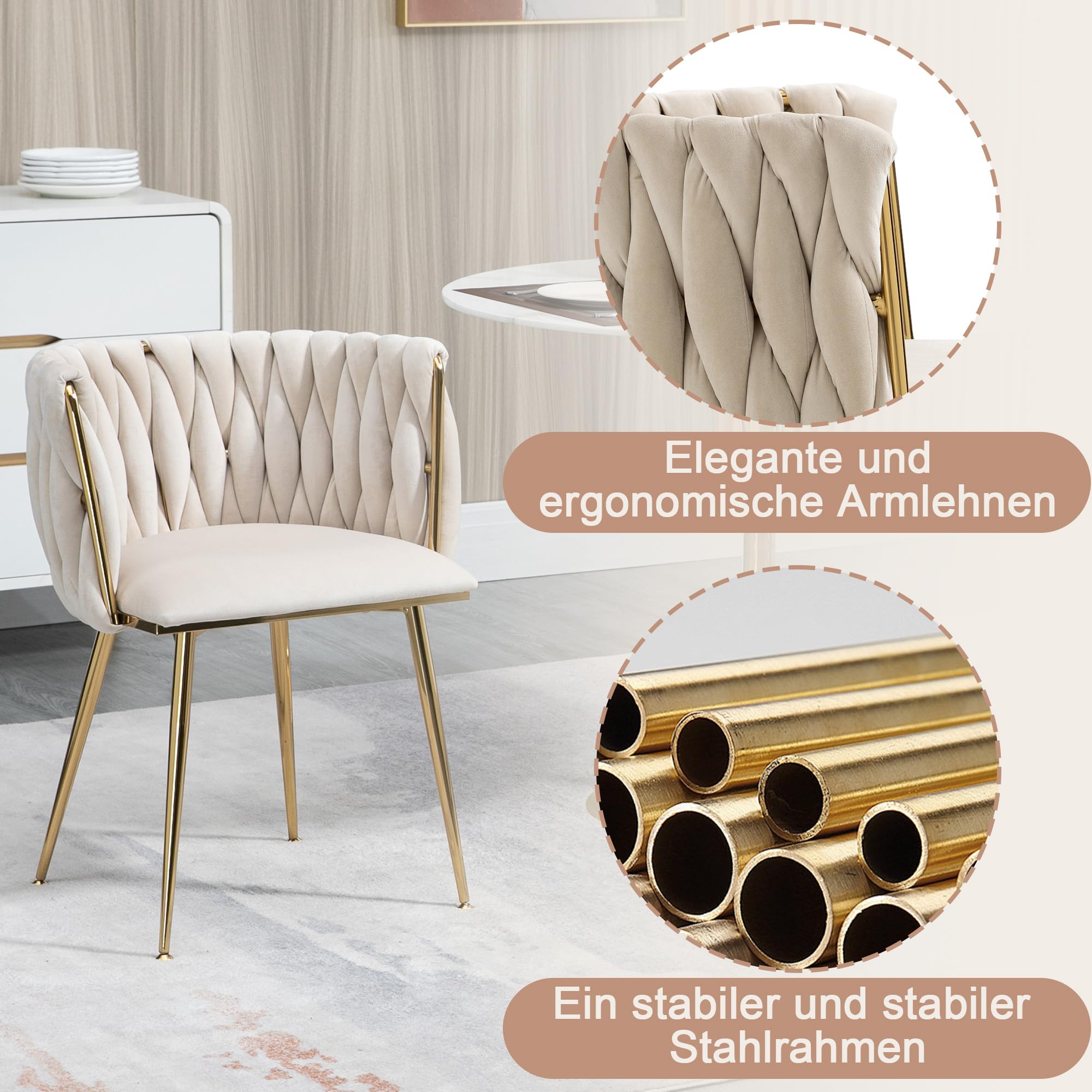 Set di 2 sedie da pranzo in velluto moderno e lussuoso con gambe in metallo dorato, elegante design intrecciato a mano e morbidi cuscini per sala da pranzo, soggiorno e camera da letto