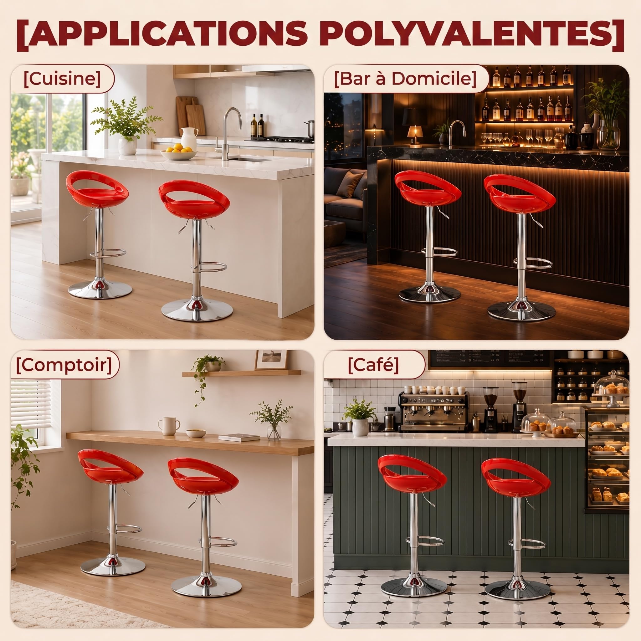 HOMCOM Lot de 2 Tabourets de Bar Réglable en Hauteur 46x41x76-96cm Rouge