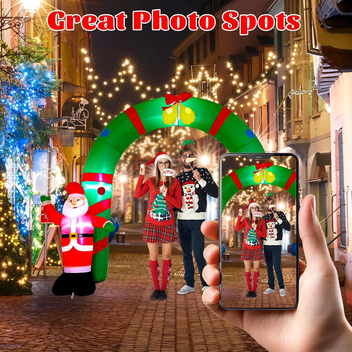 CypherX 8FT Lighted Christmas Inflatable Archway,Christmas Inflatable Santa Snowman Arch Outdoor Decorations Blow up with Rotating Lights, Giant Yard Decoration with LED Blower for Lawn Patio Party