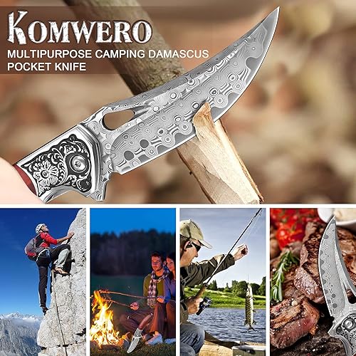 Miniatura 7 de Cuchillo de bolsillo de Damasco KOMWERO para hombres y mujeres, cuchillo de acero de Damasco VG10 de núcleo afilado para camping al aire libre,
