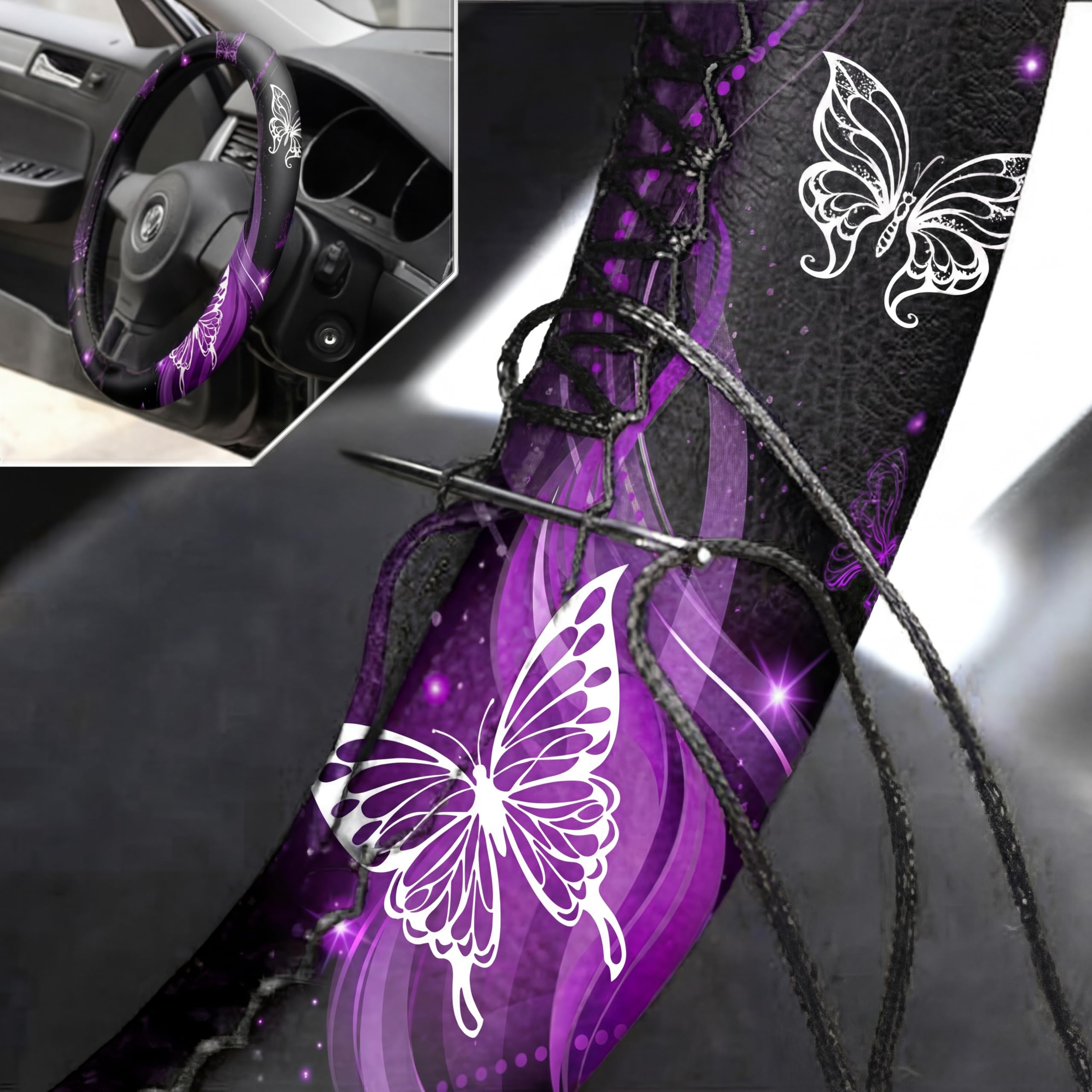 Frienda Set completo di 15 coprisedili per auto, con farfalle anteriori e posteriori, coprivolante, cinturino da polso, sottobicchieri, braccioli e spalline (motivo farfalla viola glitterata)