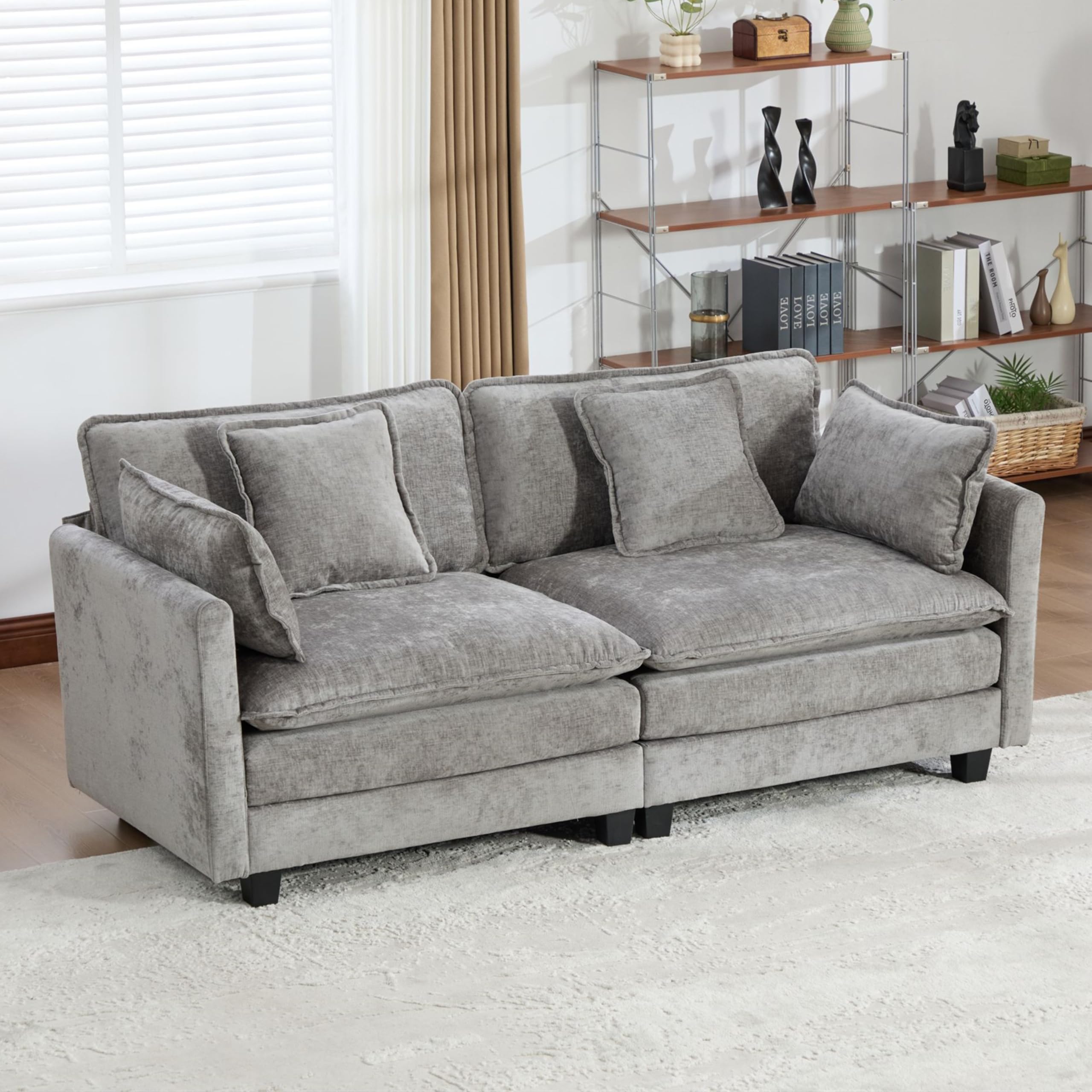 Aoowow Modular Sectional 2 Seater Cloud Sofa Couch for Living Room,Loveseat Couch with Deep Seat,Modern Chenille 2 Seat Sofas,Fluffy Small Couches for Bedroom,Small Spaces (Grey, 2 Seater)