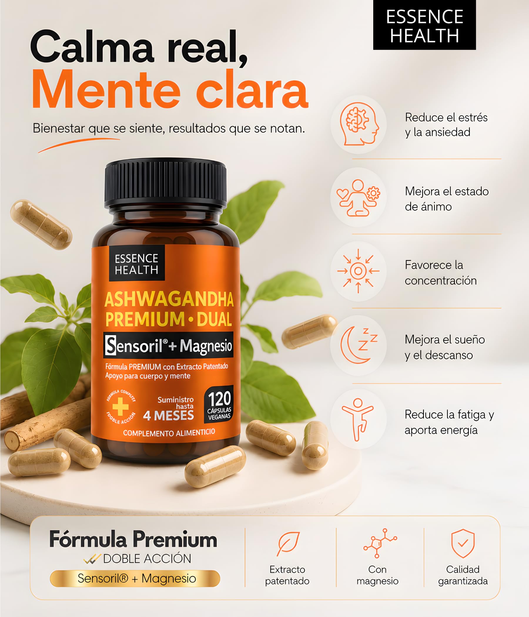 Ashwagandha Sensoril® Alta Potencia 50:1 – Extracto de Ashwagandha Adaptógena para Estrés, Ansiedad y Energía – con Magnesio para Equilibrio Mental – 120 Cápsulas Veganas
