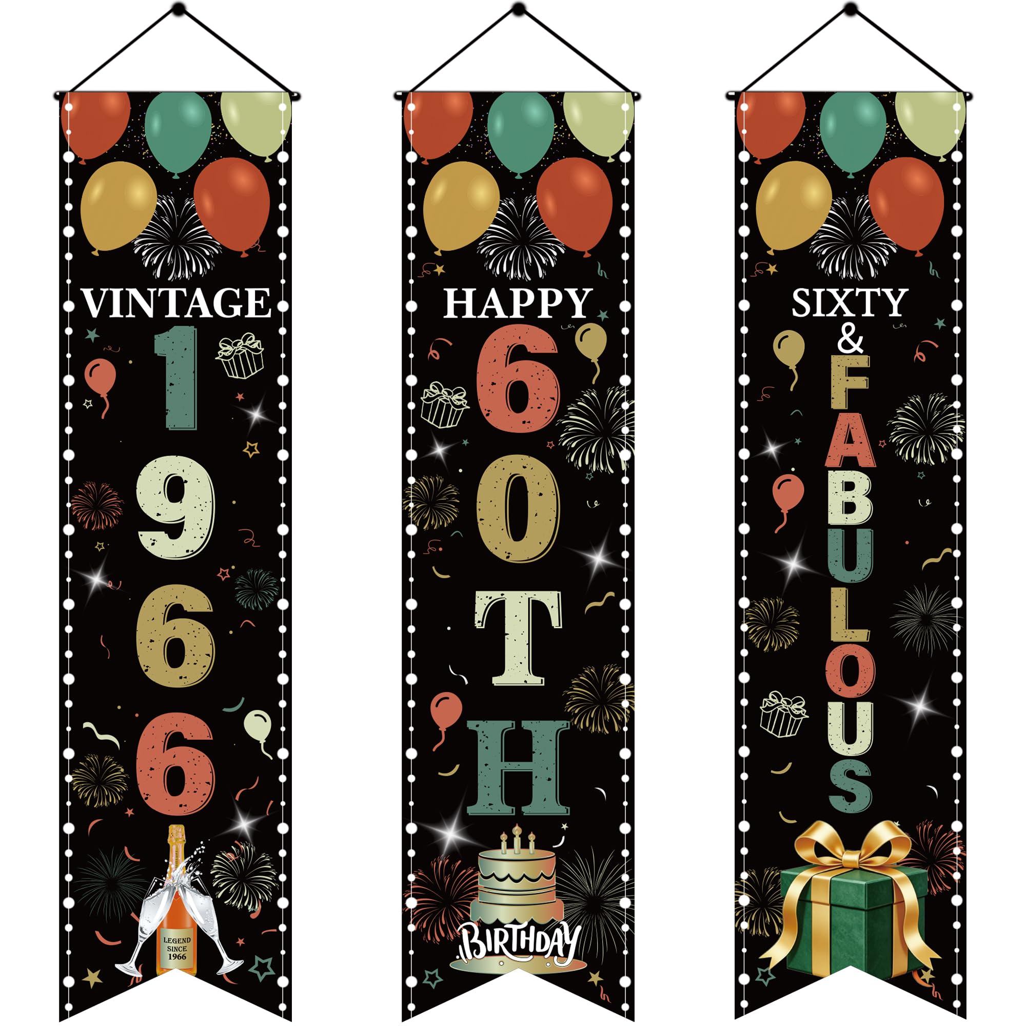 60th Birthday Decorations Door Banner - 3 Pcs Vintage Green Banners Forty Fabulous Happy 60th Birthday Vintage 1966 Door Porch Sign for 60 Years Old Women Men Party Backdrop Decor Supplies (3.9x0.9ft)