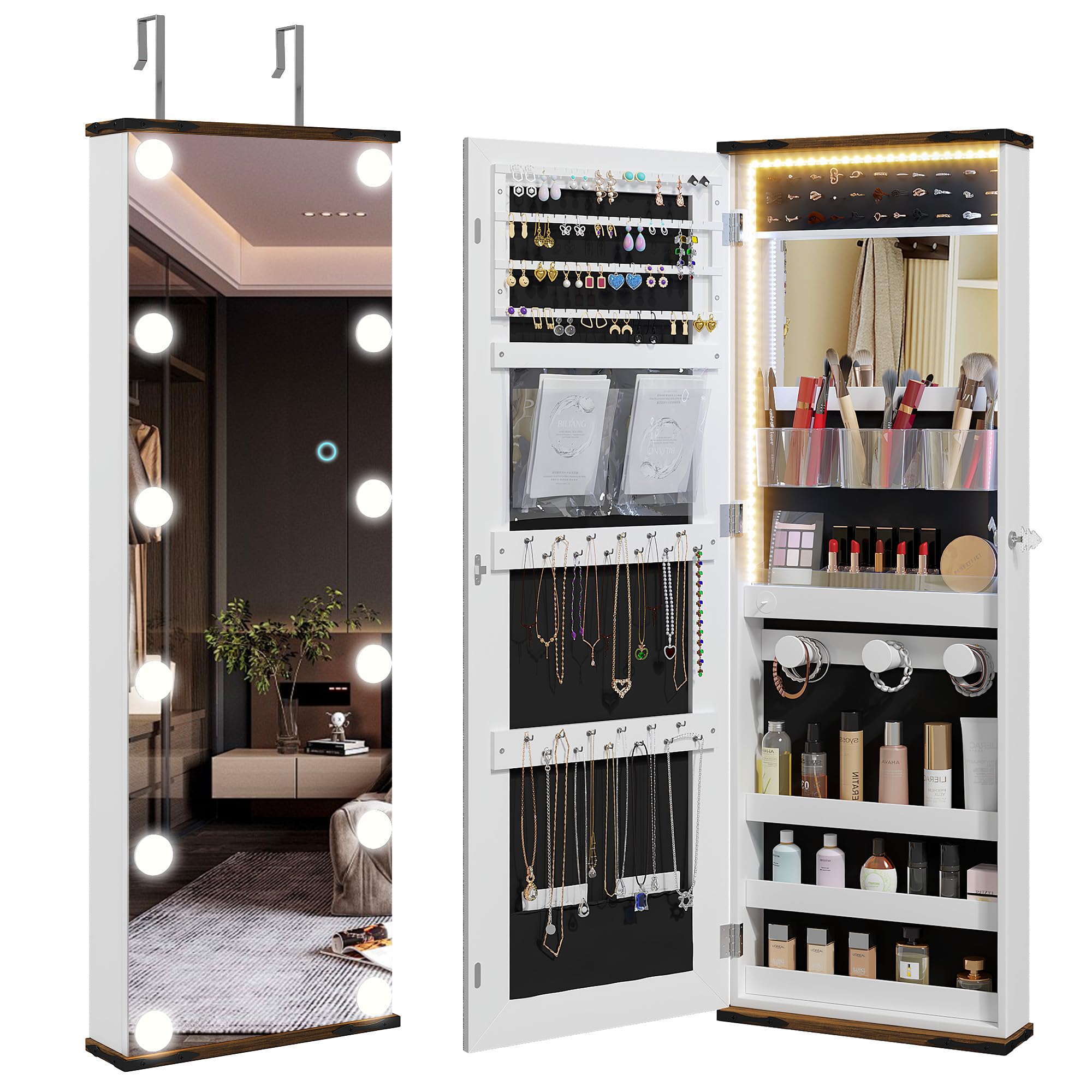 FREDEES Hanging Jewelry Cabinet with Full Mirror for Girls/Women, White