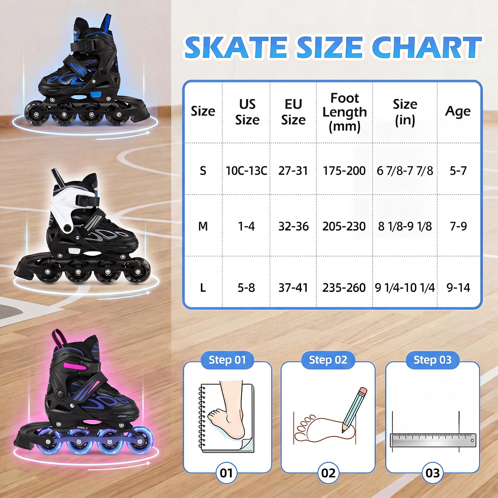 HOMASIS Roller en Ligne, Patins à roulettes avec Roues LED Illuminées, Patins à Glace Réglables avec Protection Antichoc, pour Enfant de 5-14 Ans