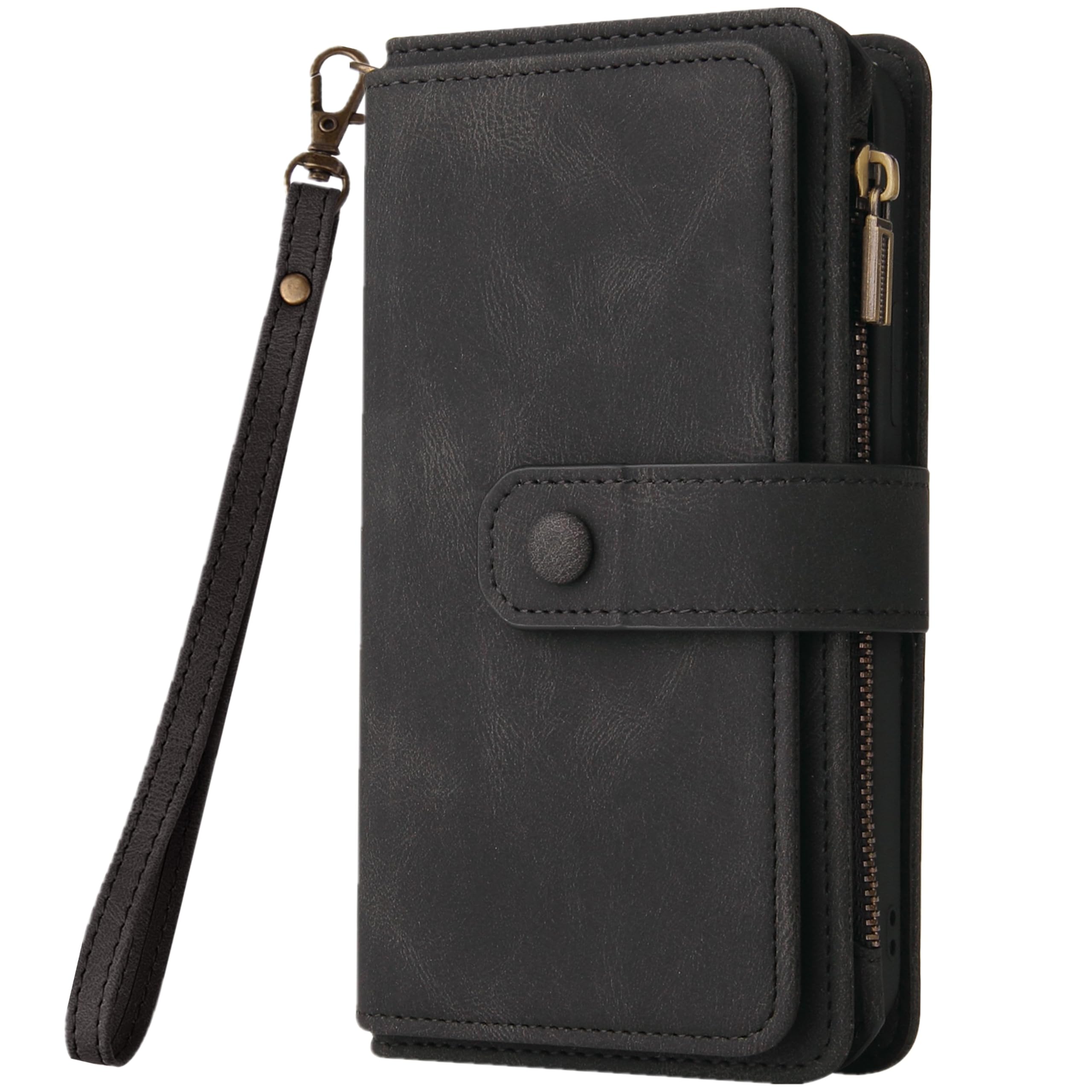 HUANGTAOLIPU Leather Zipper Pouch Wallet Phone Case Compatible with iPhone 14, Kickstand and 15 Card Slots