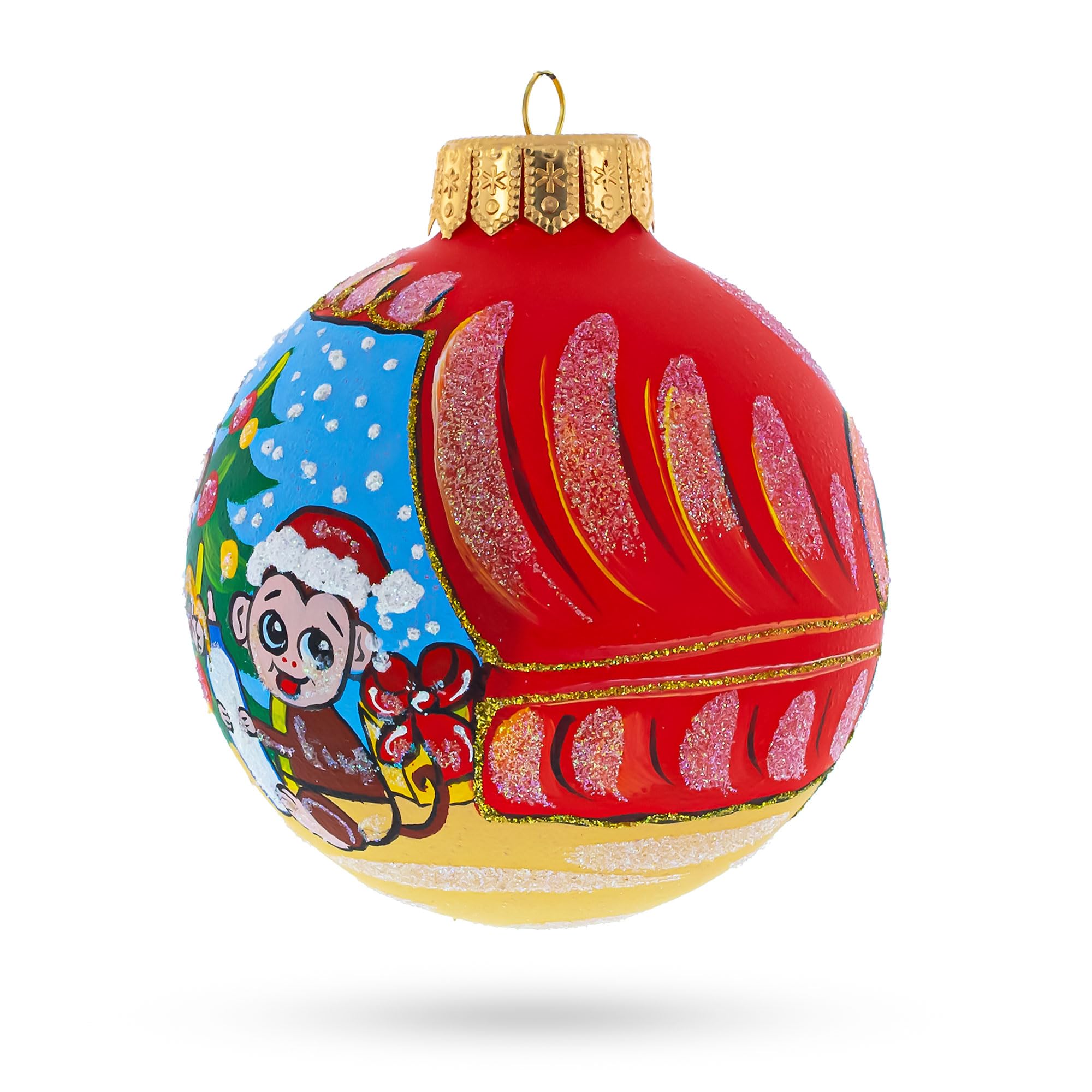 Mono y Bebé Conmovedor junto al Árbol de Navidad - Bola de Vidrio Soplado Artesanal para Adorno de Navidad de 4 Pulgadas