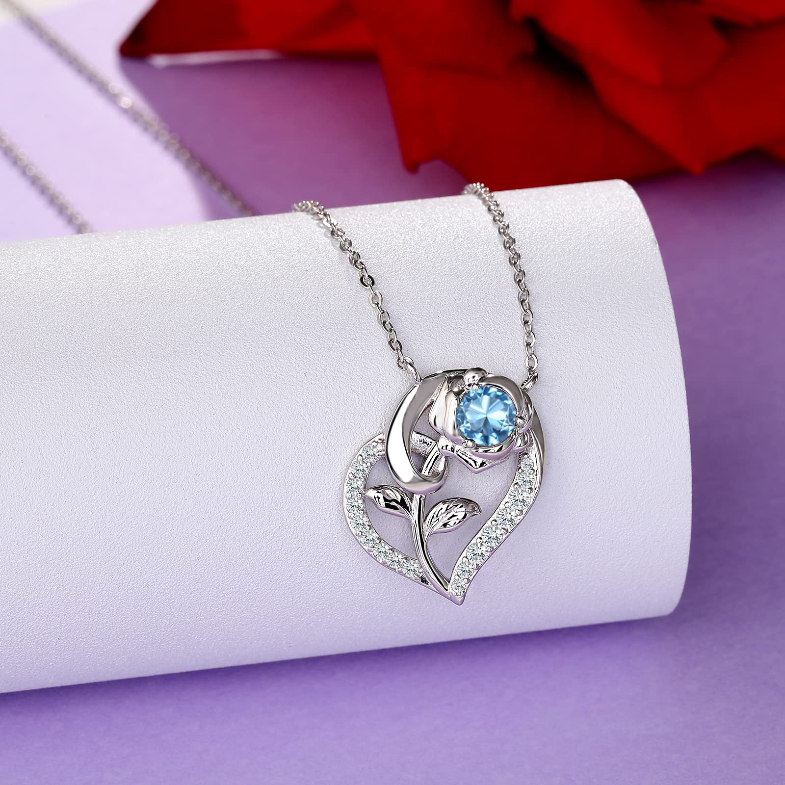 Qings Collar Muje de Corazón Piedras Nacimiento Plata de Ley 925 Collars Rosa Flor Colgante con 5A Circonita Dia de la Madre San Valentin Navidad Joyeria Regalo para Madre Hija Niñas