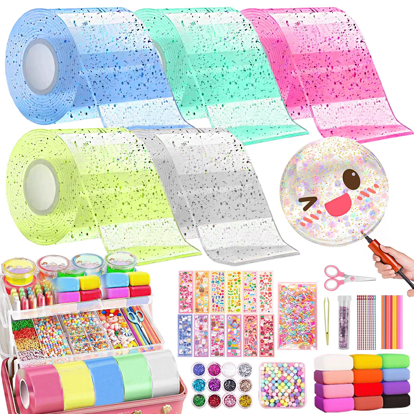 kuosbiu Nano Tape Bubble Kit for Kids, 5Pcs 3m/9.84 ft Each Roll Nano Tape Kit Bubble Tape Double Sided Adhesive Gel Grip Traceless Tape with Luxe Glitter, Clay, Beads, Cute Sticker Stocking Stuffers