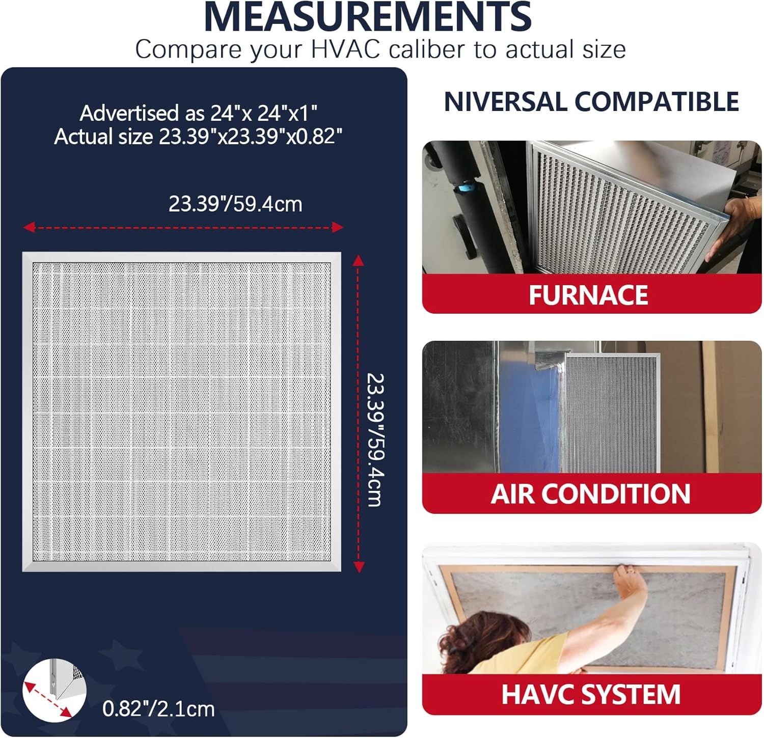 24x24x1 Electrostatic Air Filter, Washable & Reusable Aluminum AC/HVAC Furnace Filter, MERV 8 Permanent Air Filter, Lasts a Lifetime, Increases Airflow（Actual Size:23.39"x23.39"x0.82"）