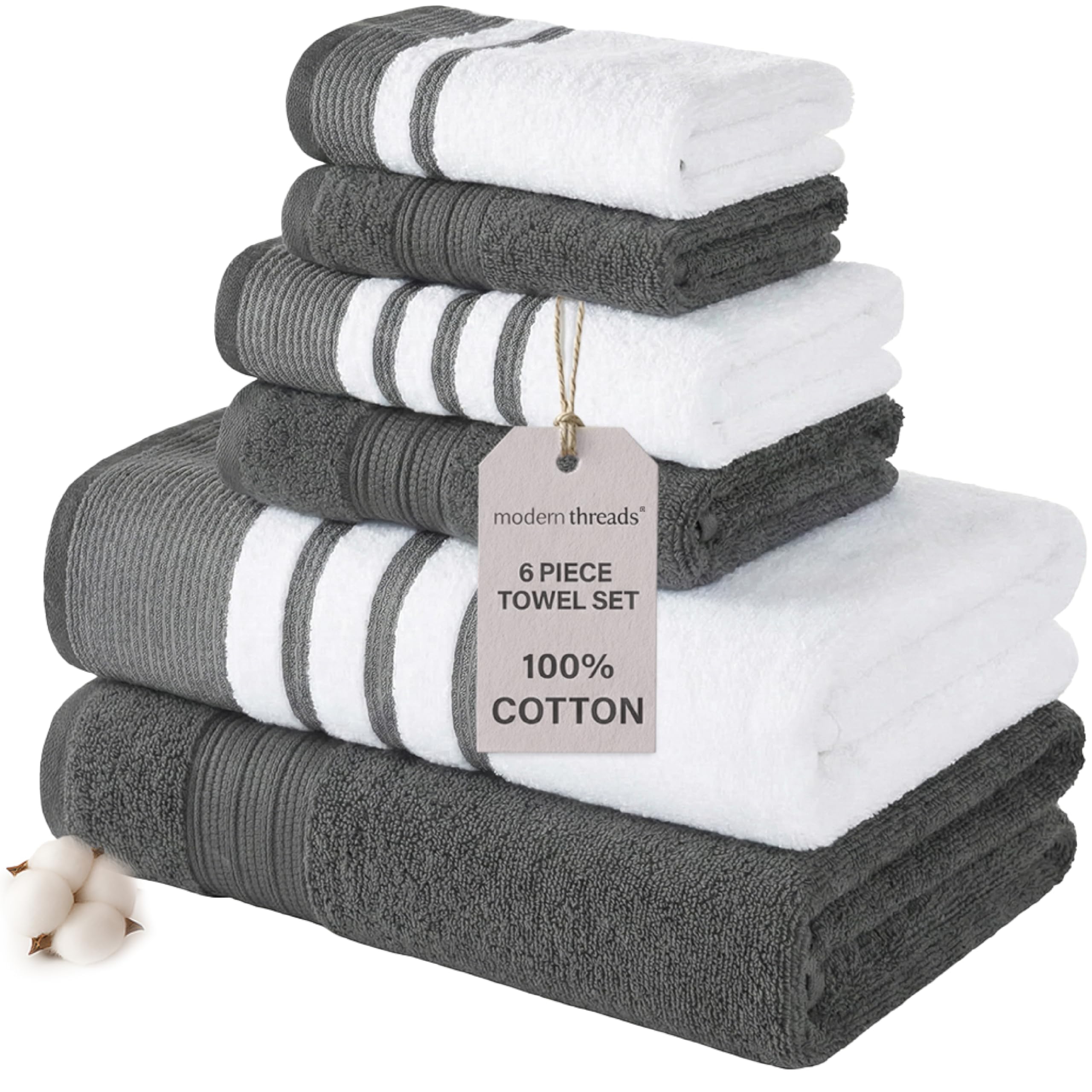 Modern Threads 6-Piece Towel Set – 100% Cotton, Quick Dry, Ultra Absorbent – Includes 2 Bath, 2 Hand, 2 Washcloths (White/Reinhart Charcoal)