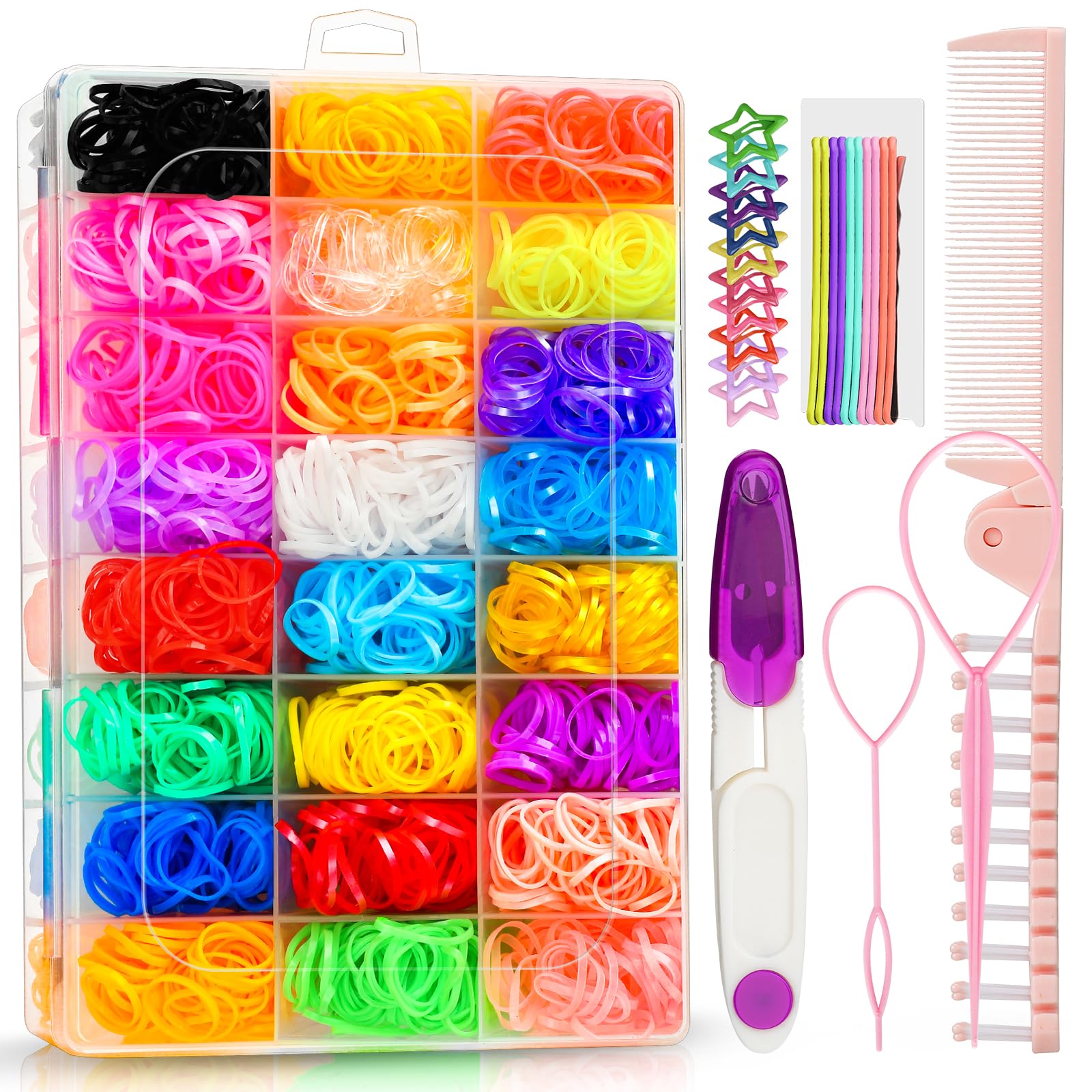 2500pcs Hair Elastics, 24 Colors Small Rubber Bands, Star Hair Clips, Bobby Pins, Ponytail Brush, Hair Tie Removal Scissor, hair threader Ponytail Accessories for Girls, Toddlers, Kids.