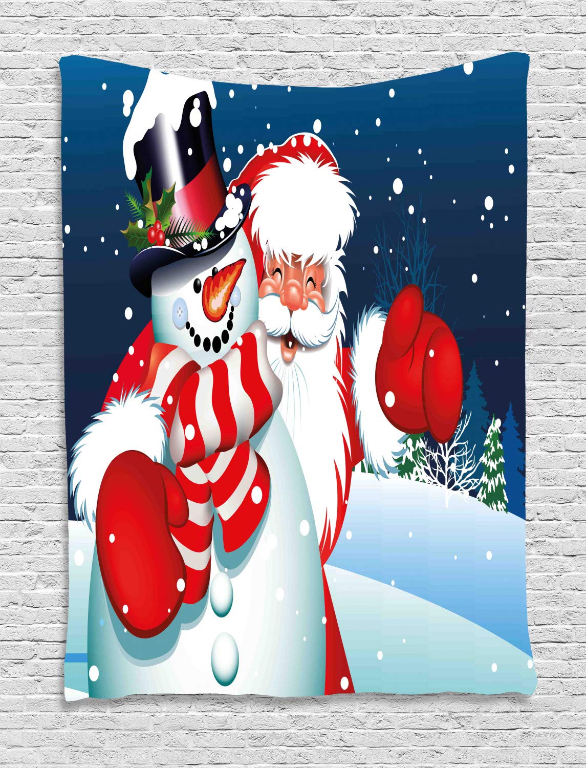 ABAKUHAUS Christmas Tapestry, Smiling Santa Claus Hugging Snowman in Cartoon Style Winter Hills Fir Trees, Wall Hanging for Bedroom Living Room Dorm, 40 W X 60 L, Blue Red White