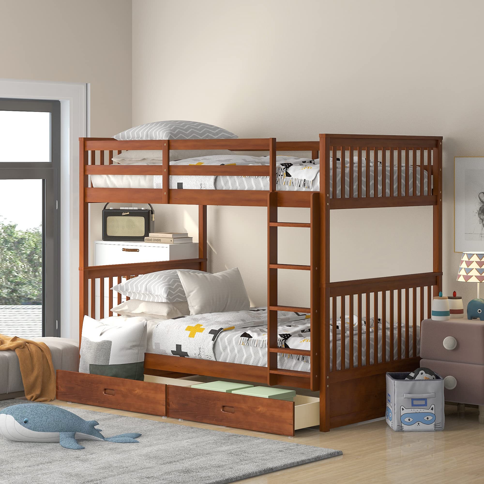 SOFTSEA Kids Twin Over Twin Bunk Bed with Drawers for Storage Solid Wood Bunk Bed Frame for Boys Girls with Headboard and Footboard, Full Guardrail and Ladder, No Box Spring Needed