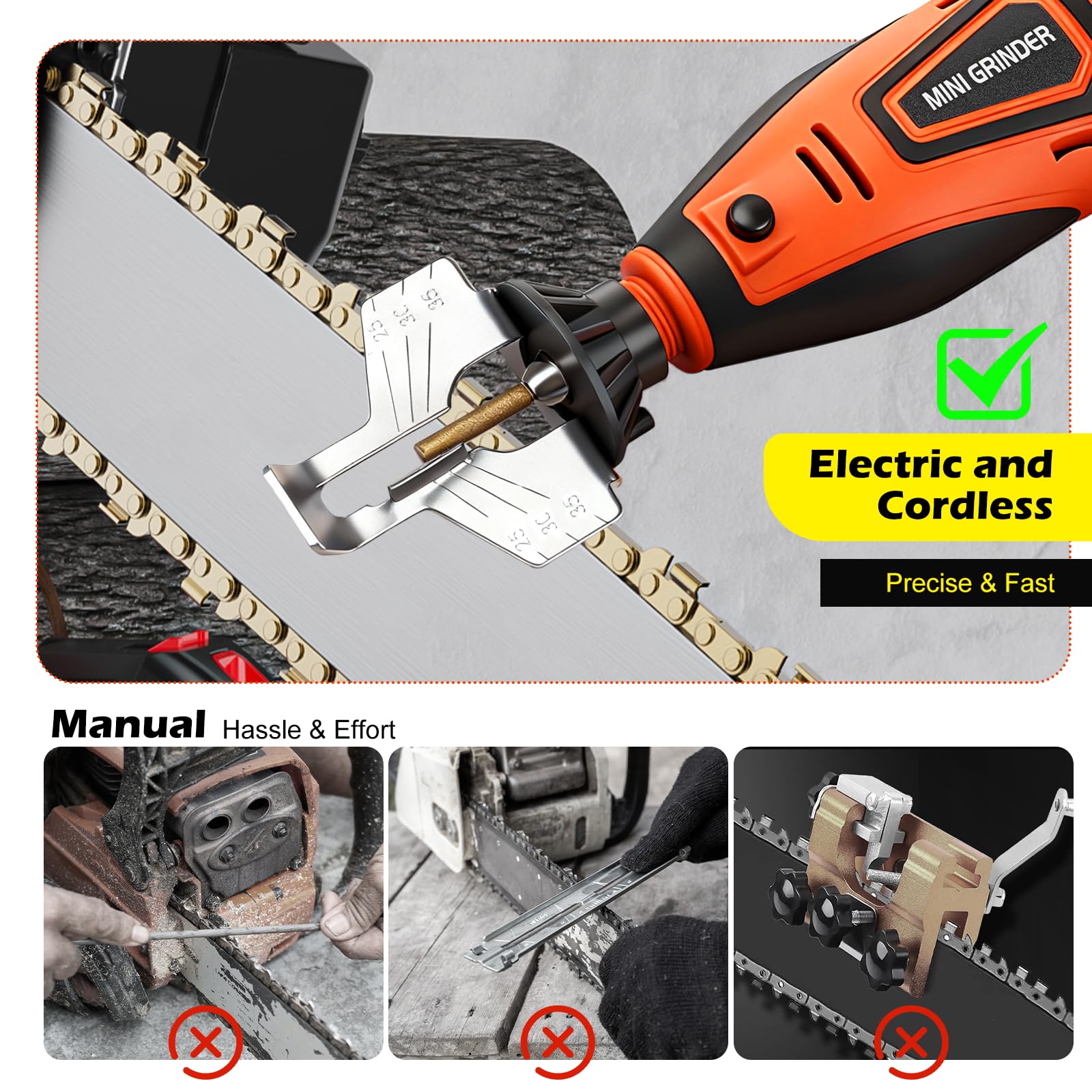 WIOR Kit de afilador de motosierra inalámbrico con puntas de diamante recubiertas de titanio, herramienta afiladora eléctrica de 12 V, 2 baterías, 6 ruedas de afilado de alta dureza, fijación en