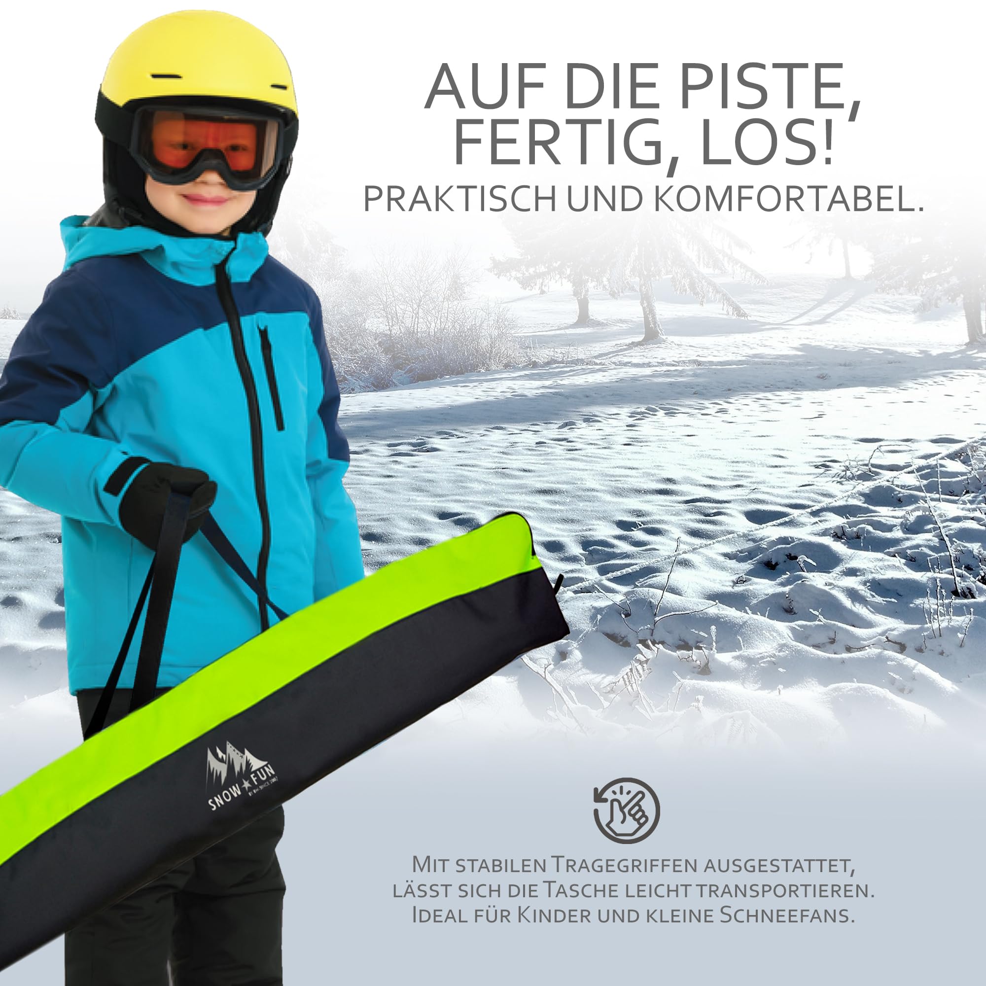 BAMBINIWELT Borsa da sci per bambini – Robusto sacco da sci in Cordura impermeabile per sci, bastoncini e guanti, con cerniera a 2 vie, campo nome e maniglie per il trasporto