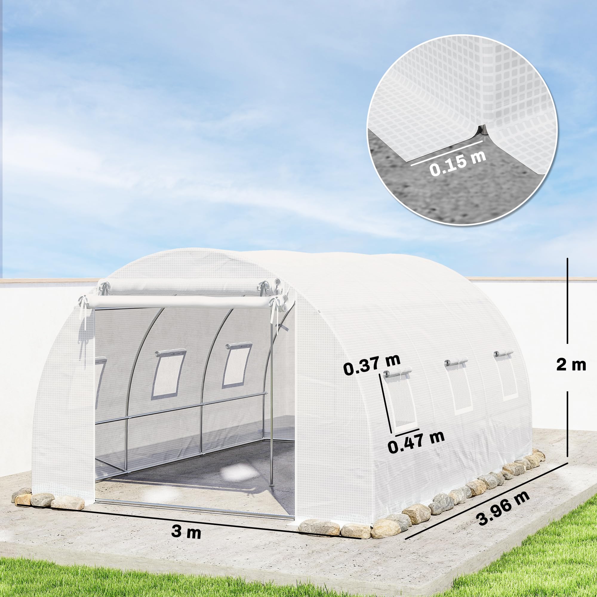 Invernadero Outsunny invernadero de película aprox. 3x4x2m invernadero para tomates con 6 ventanas y puerta naturales enrollables, tubo de acero, película de PE de 140g/m², túnel de película estable