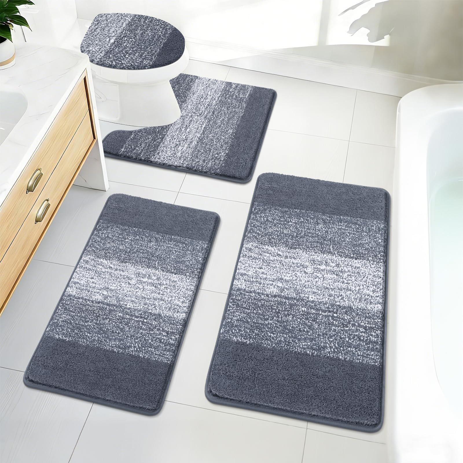 Bsmathom Juego de 4 tapetes con cubierta de inodoro, de microfibra lanuda de felpa, antideslizante, lavable a máquina, tapete de baño con contorno en forma de U para bañera y ducha, color gris oscuro