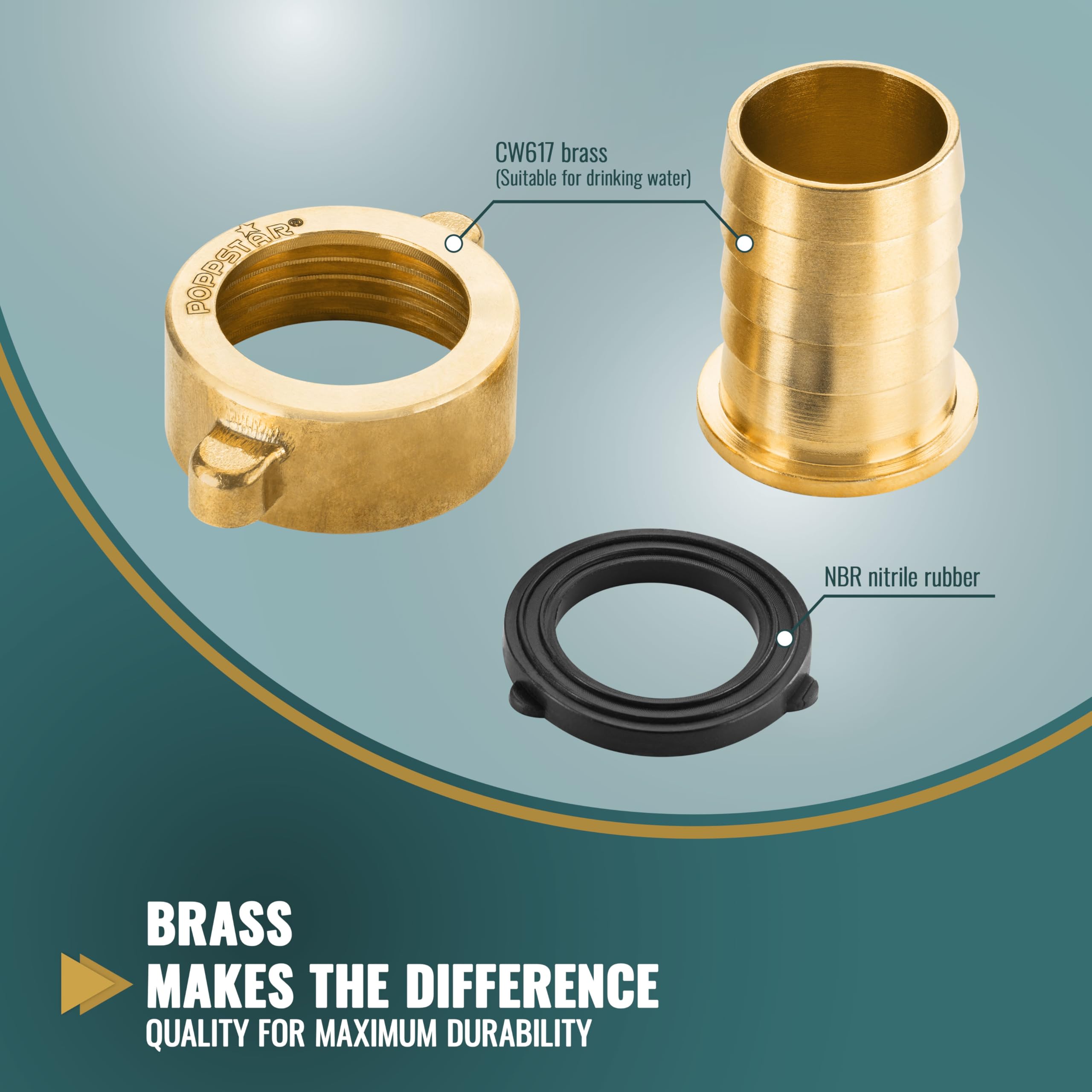 Poppstar Hose Connector ID 1 1/4 Inch Brass (incl. Union Nut with Flat Gasket) to Hose Tail 1 Inch (25mm) - Image 3