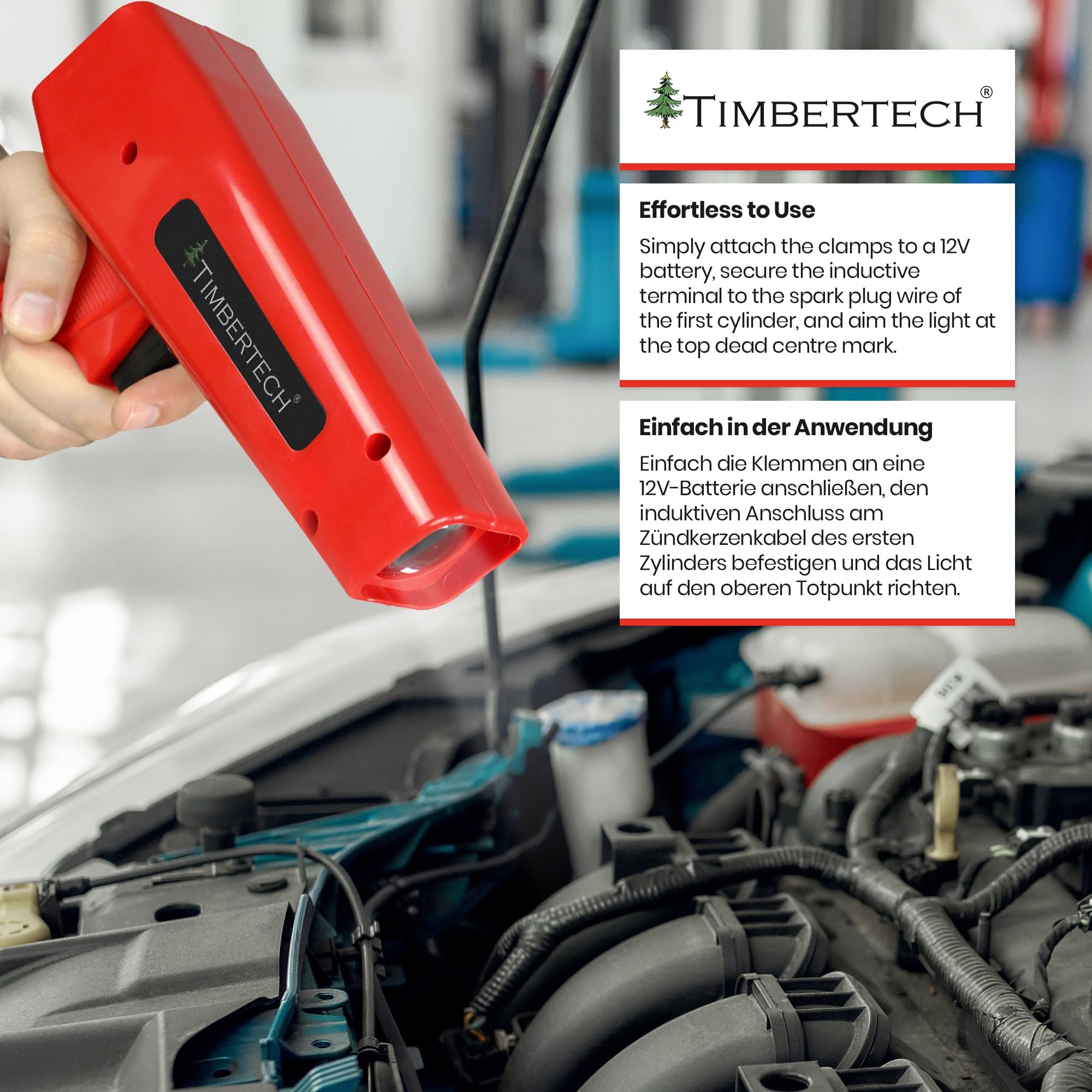 TIMBERTECH® Pistola d'Accensione - 12 V, 10 W, 8000 giri/min, con 2 Morse Induttive a Coccodrillo, Luce Xenon - Pistola Stroboscopica, Timing Light, Strumento di Regolazione Anticipo, per Auto