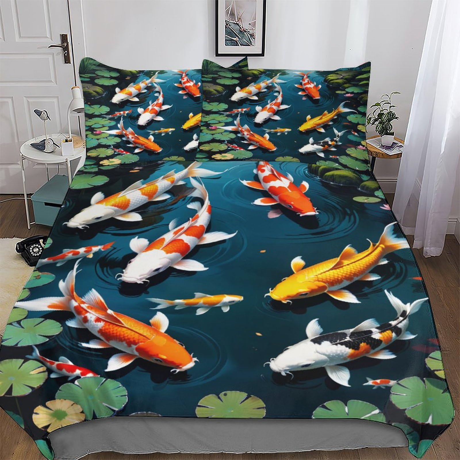 Llxxhh Koi Fish Duvet Cover Set 2 Pcs Soft Quilt Cover Microfiber Bedding Set With Pillowcase For Kids Adult Comforter Cover Single(135X200cm)