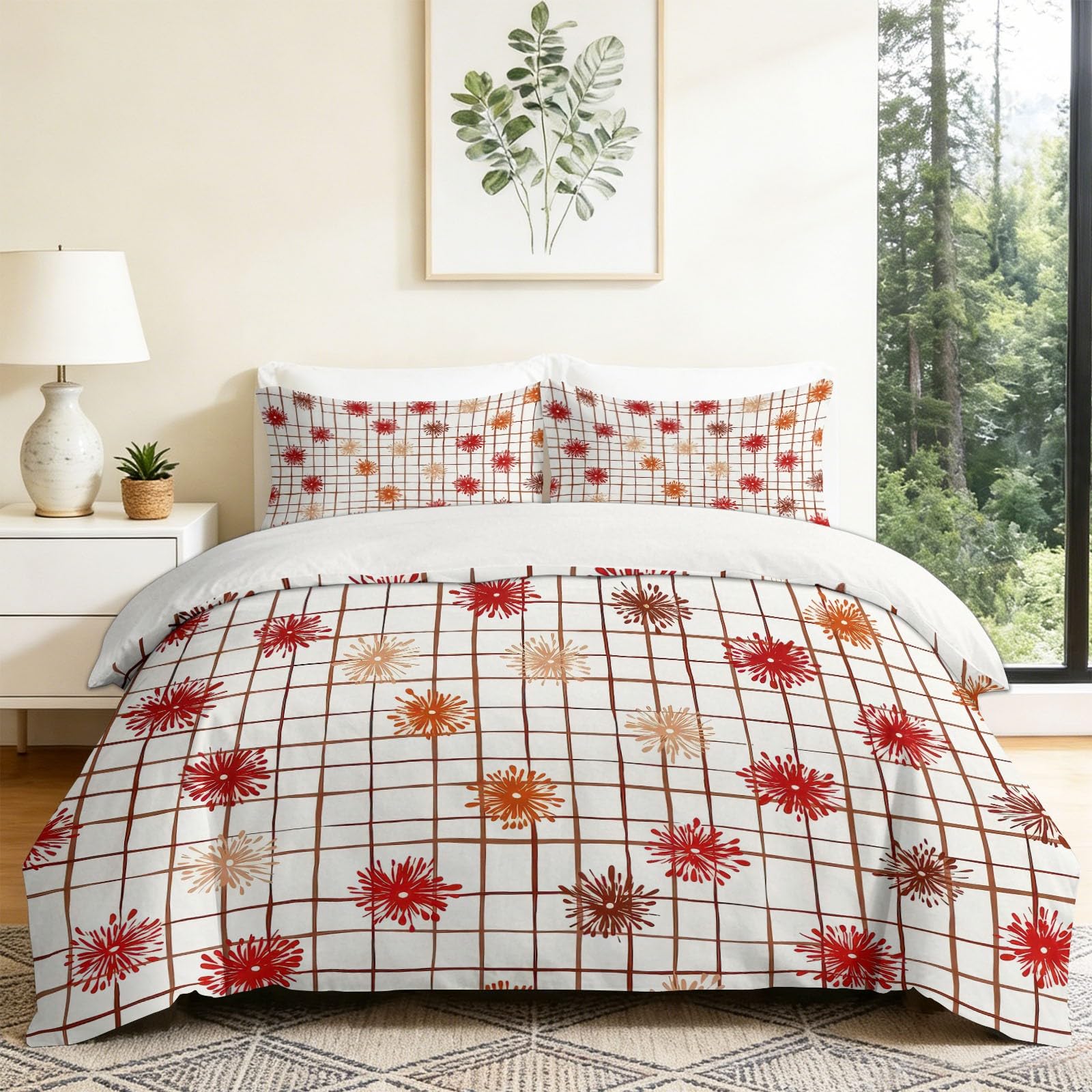Set copripiumino a griglia in morbida microfibra, motivo floreale, 3 pezzi, per tutte le stagioni, traspirante, bianco, con cerniera, per letto matrimoniale, 200 x 200 cm