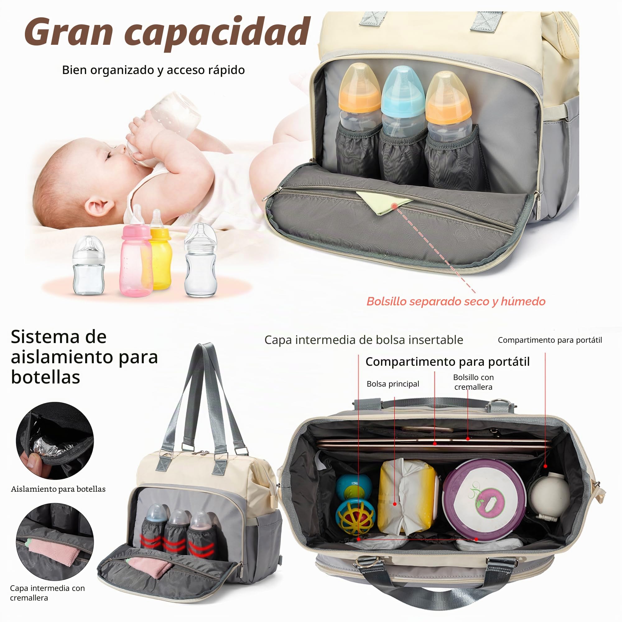 Bolsa de pañales,Bolsos bandolera bolsas de pañales grandes impermeables,Bolsa de hospital para partos,Bolsa para bebé,Bolsa de viaje para pañales con cambiador(T3039-Gray)