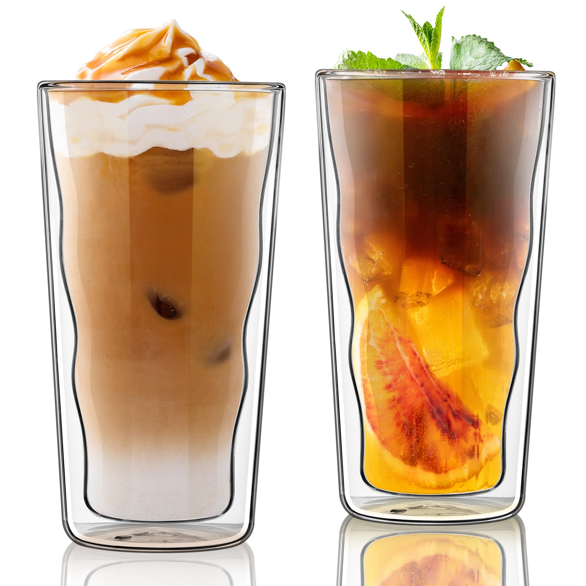 Joeyan Double Wall Glass, 15.2oz Wave Insulated Coffee Tumblers Set of 2 | Borosilicate G…
