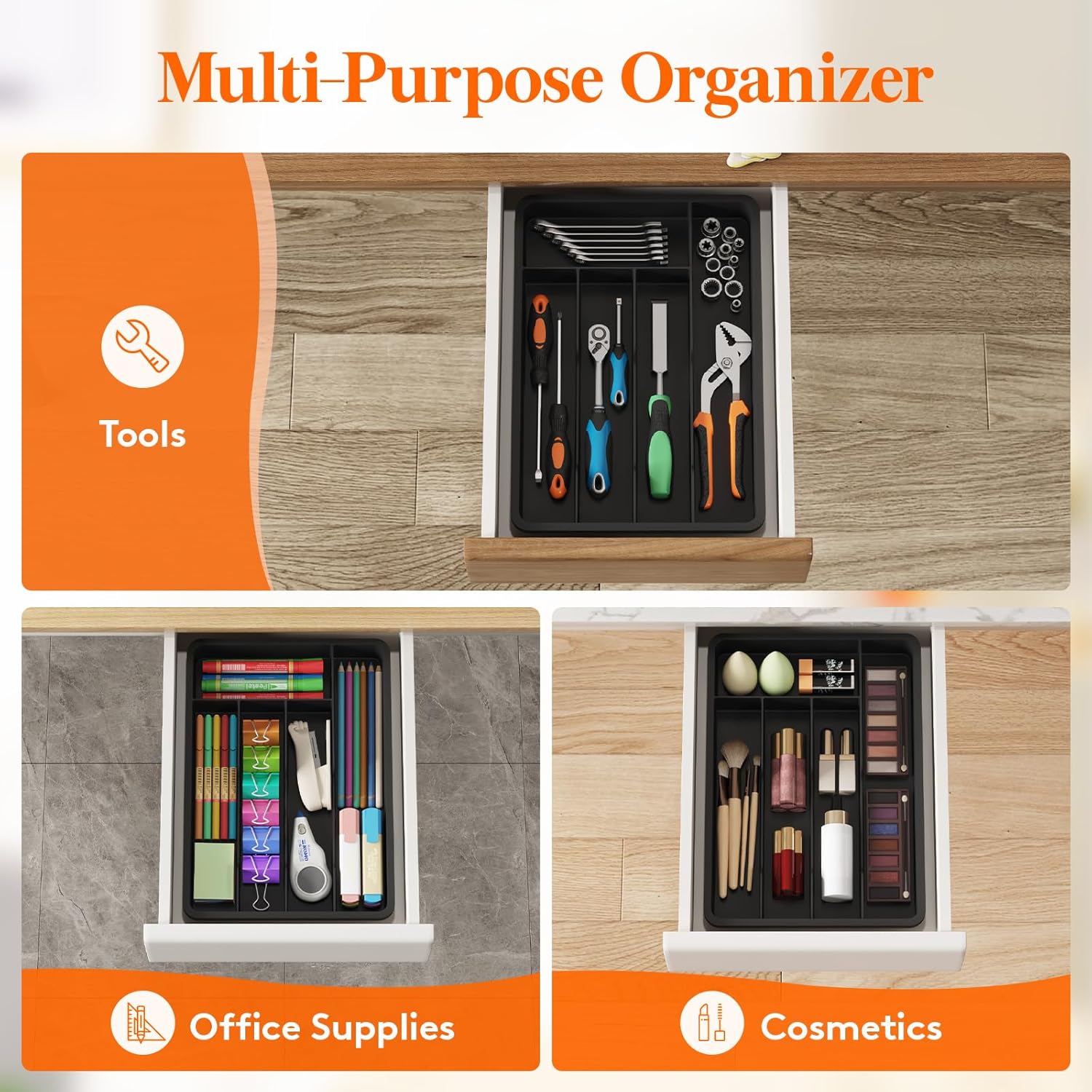 Lifewit Silverware Drawer Organizer Tray, Plastic Cutlery Storage for Kitchen, Flatware and Utensil Holder Divider for Spoons Forks Knives Tableware, 9.5 x 13.4", 5 Slots, Black - Image 8