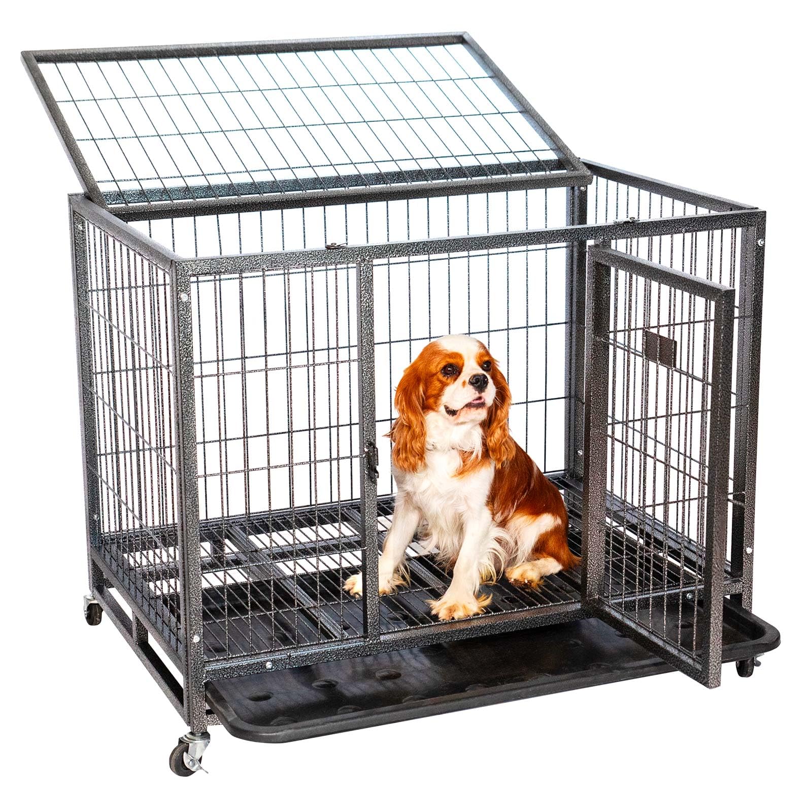 Jaula para Perro Interior y Exterior, 94 x 64 x 76 cm, Caja de Transporte, Ruedas Cerradas, Plegable, 2 Puertas, Bandeja extraíble.
