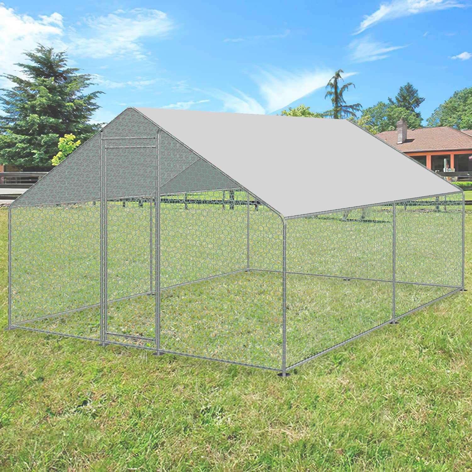Hühnerstall Freilaufgehege,Freilaufgehege Kaninchen Verzinktem Stahl,Outdoor Hühnerhaus Spitzdach mit Schloss und Wasserdichtes PE Gewebe, für Hühner, Kleintiere & Pflanzen (3x3x2m)