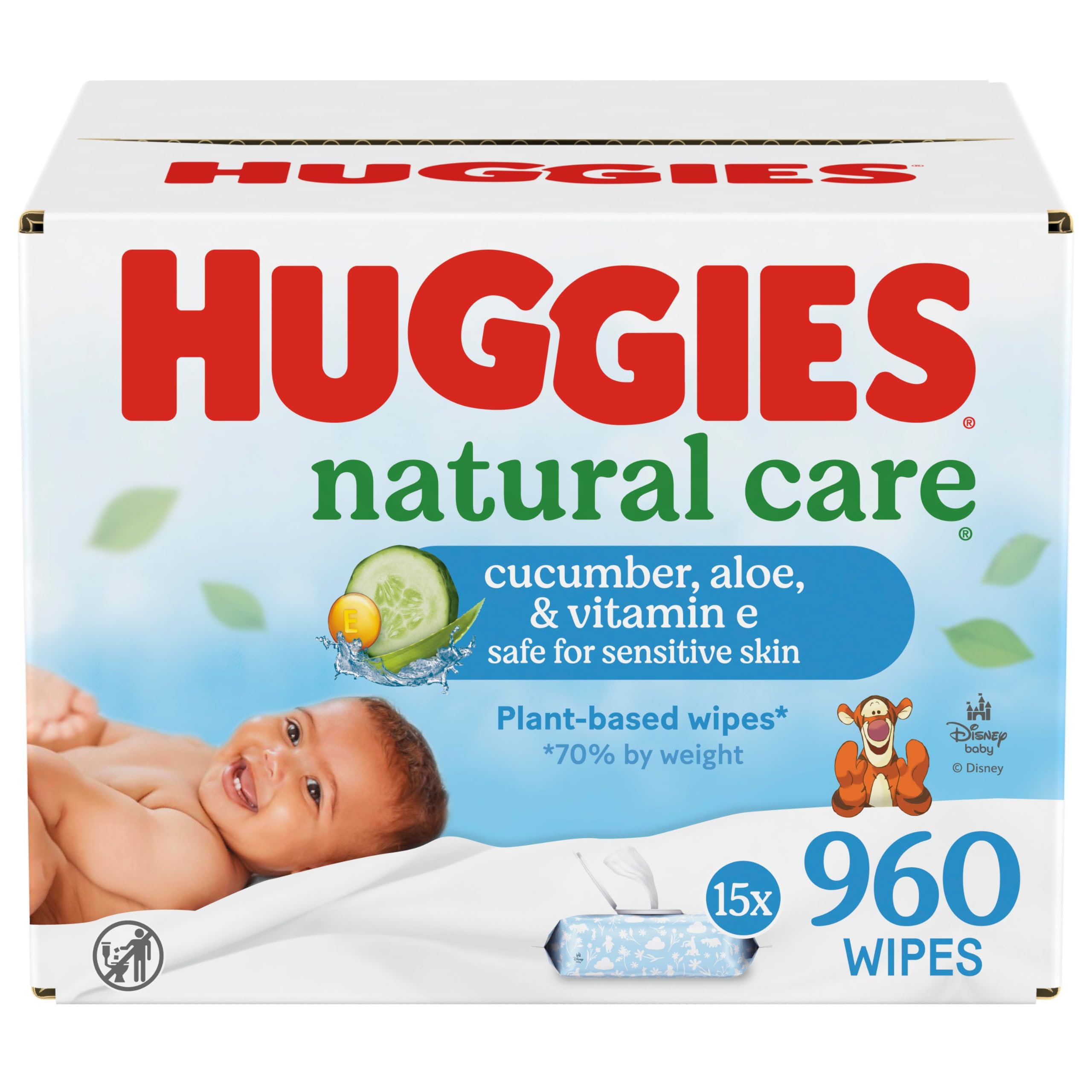 Natural Care Cucumber, Aloe and Vitamin E Baby Wipes, Hypoallergenic, Scented, 15 Flip-Top Packs (960 Wipes Total), Packaging May Vary
