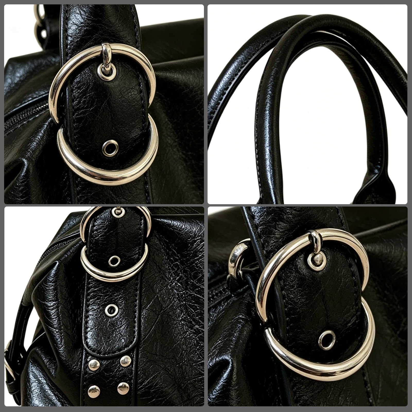 Bolso de mano de piel sintética de gran capacidad para mujer con cierre de cremallera | Bolso de hombro con remache de color sólido de gran capacidad para mujer, piel sintética, cierre de cremallera