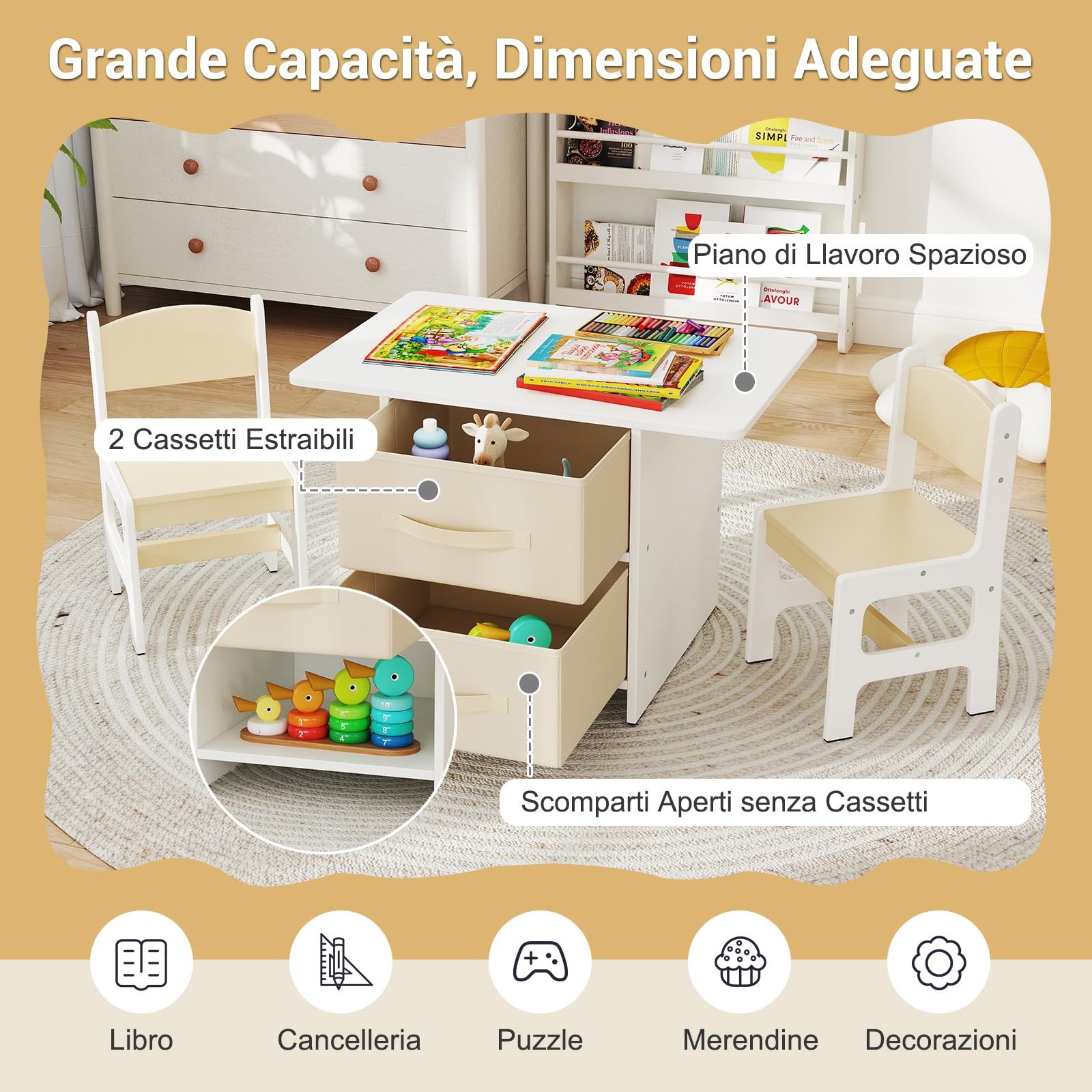 RELAX4LIFE Tavolo per Bambini con 2 Sedie Ergonomiche e 2 Cassetti in Tessuto Rimovibili, Set Scrivania e Sedia per Bambini dai 3 Anni in Su per Giocare e Studiare, Carico 50 kg (Beige)