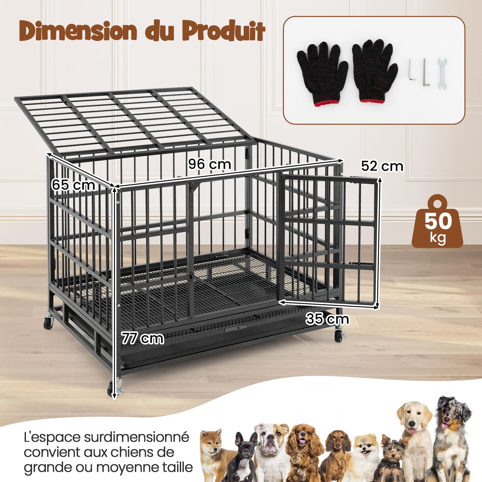 GOPLUS Cage pour Chien Pliable en Métal avec 4 Roues Universelles, 96 x 65 x 77CM, Chenil pour Chien Extérieur avec Double Portes Verrouillables, Plateau Coulissant Amovible, pour Intérieur Extérieur