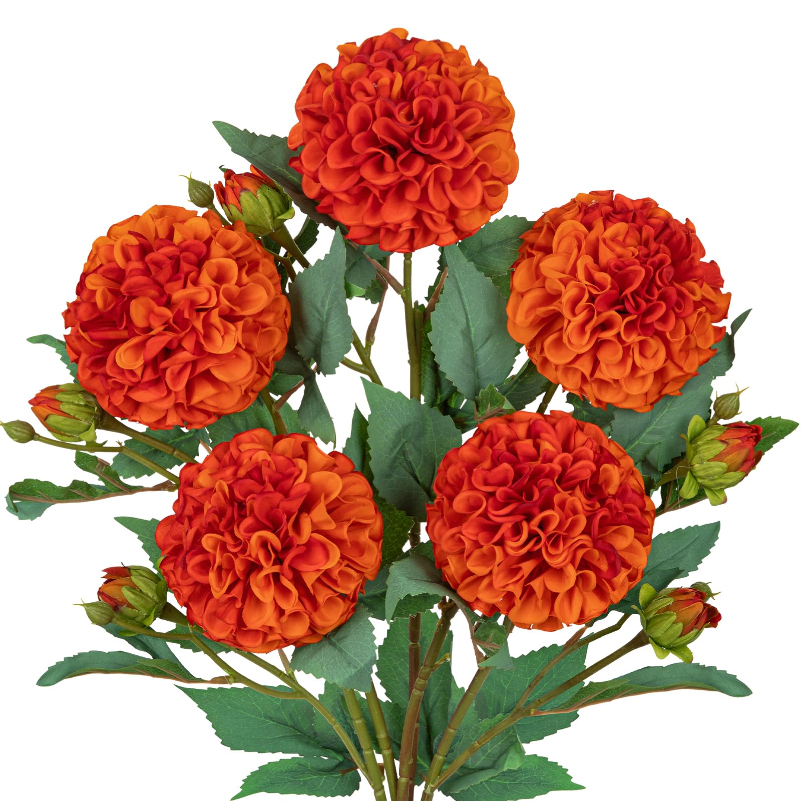 Hollyone Artificial Ball Dahlia Flowers, Set of 5 | 24.8" Tall Silk Dahlia Stems with 5 Buds, 4.7" Autumn Orange Fake Blooms Faux Flowers for Centerpiece, Wedding, Floral Arrangements