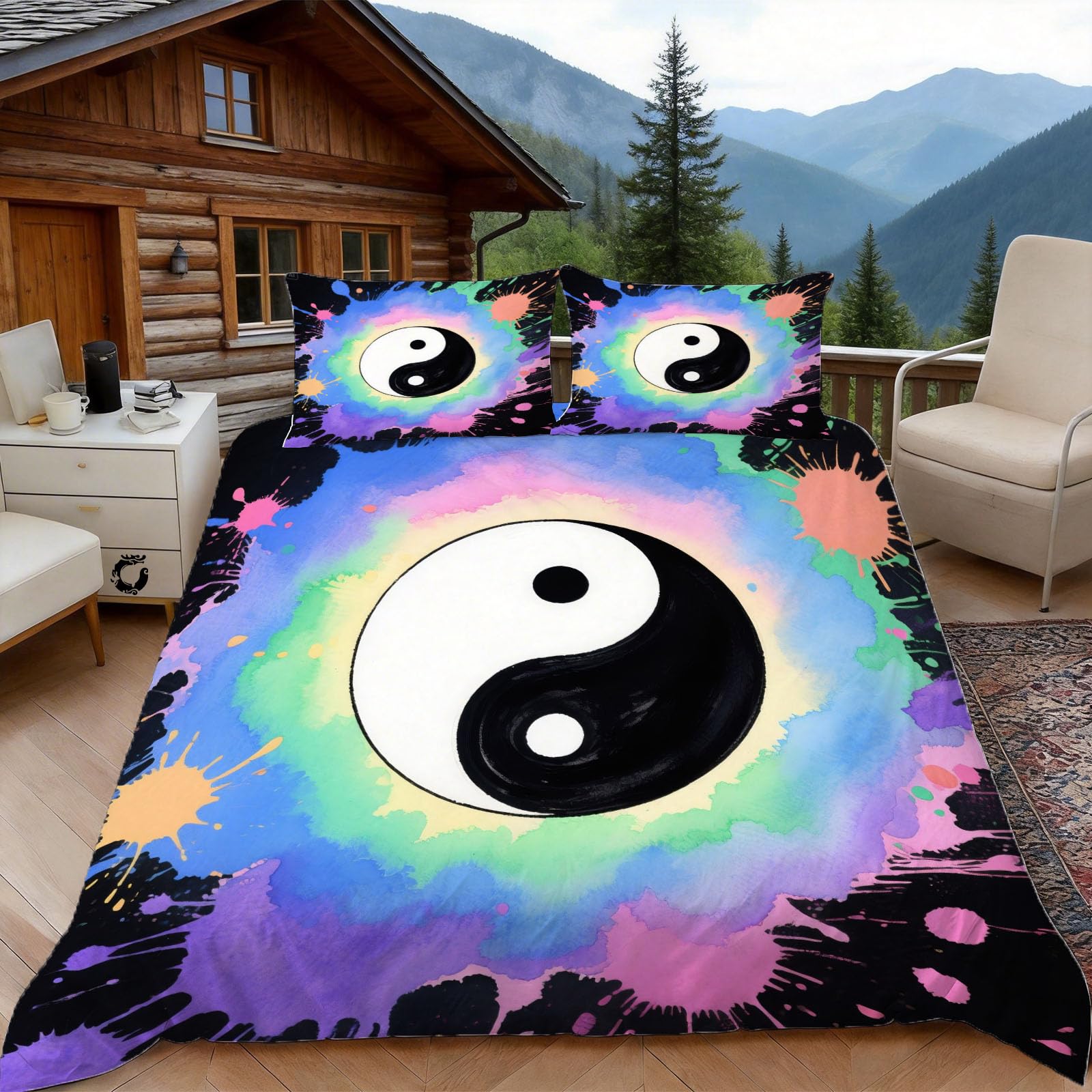 3D Single Duvet Cover Set 3D Printed Yin Yang Symbol Bedding, Colorful Splash Ink Soft Microfibre Duvet Cover Sets Quilt Cover and Pillow Set with Zipper 3 Pcs
