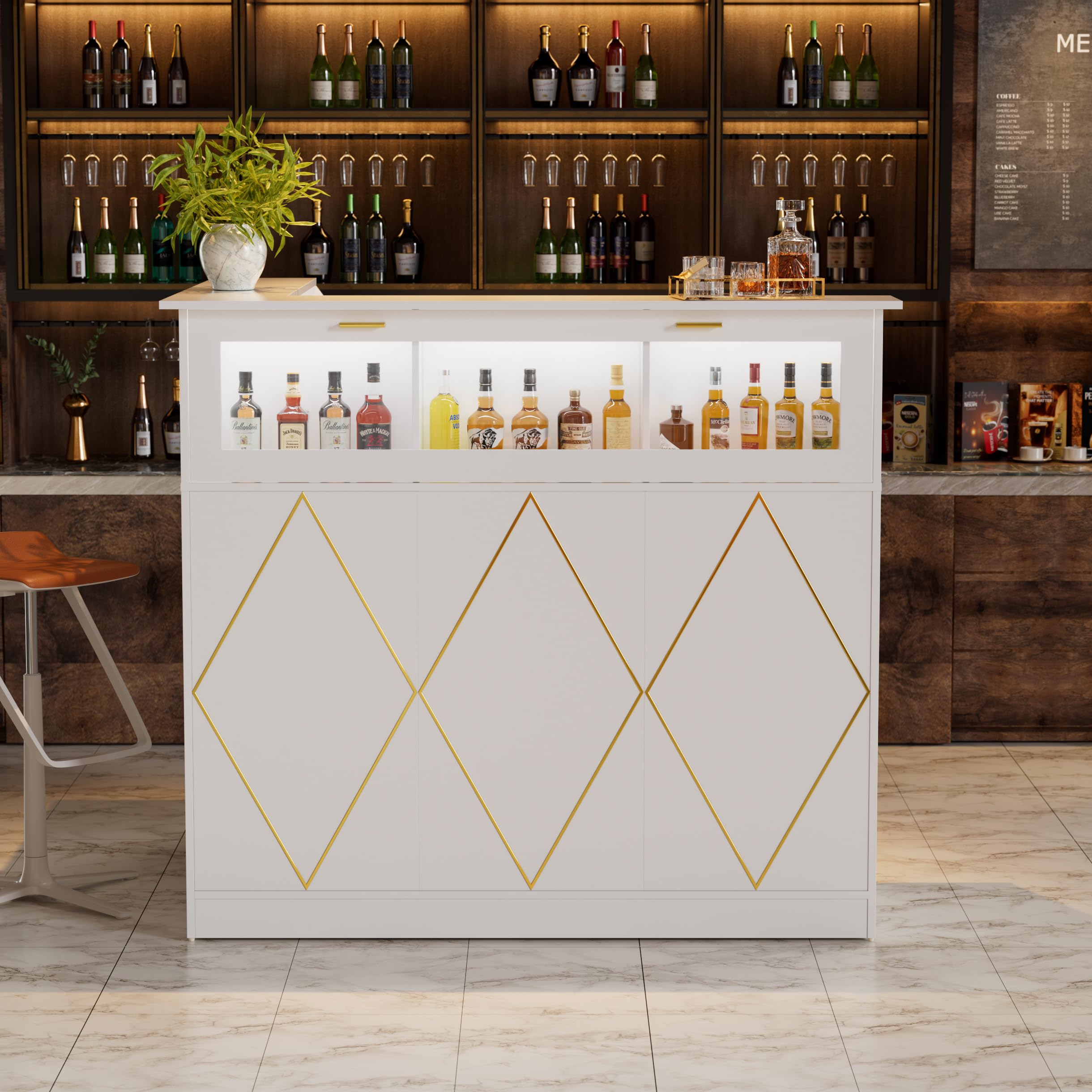 MSFE Empfangstheke mit LED, Empfangstresen Rezeptionstresen L Form mit Schubladen und Schränken, Moderner Rezeptionstheke Rezeption Tisch Verkaufstheke für Salon Geschäft Hotel,126x100x111cm (Weiß)