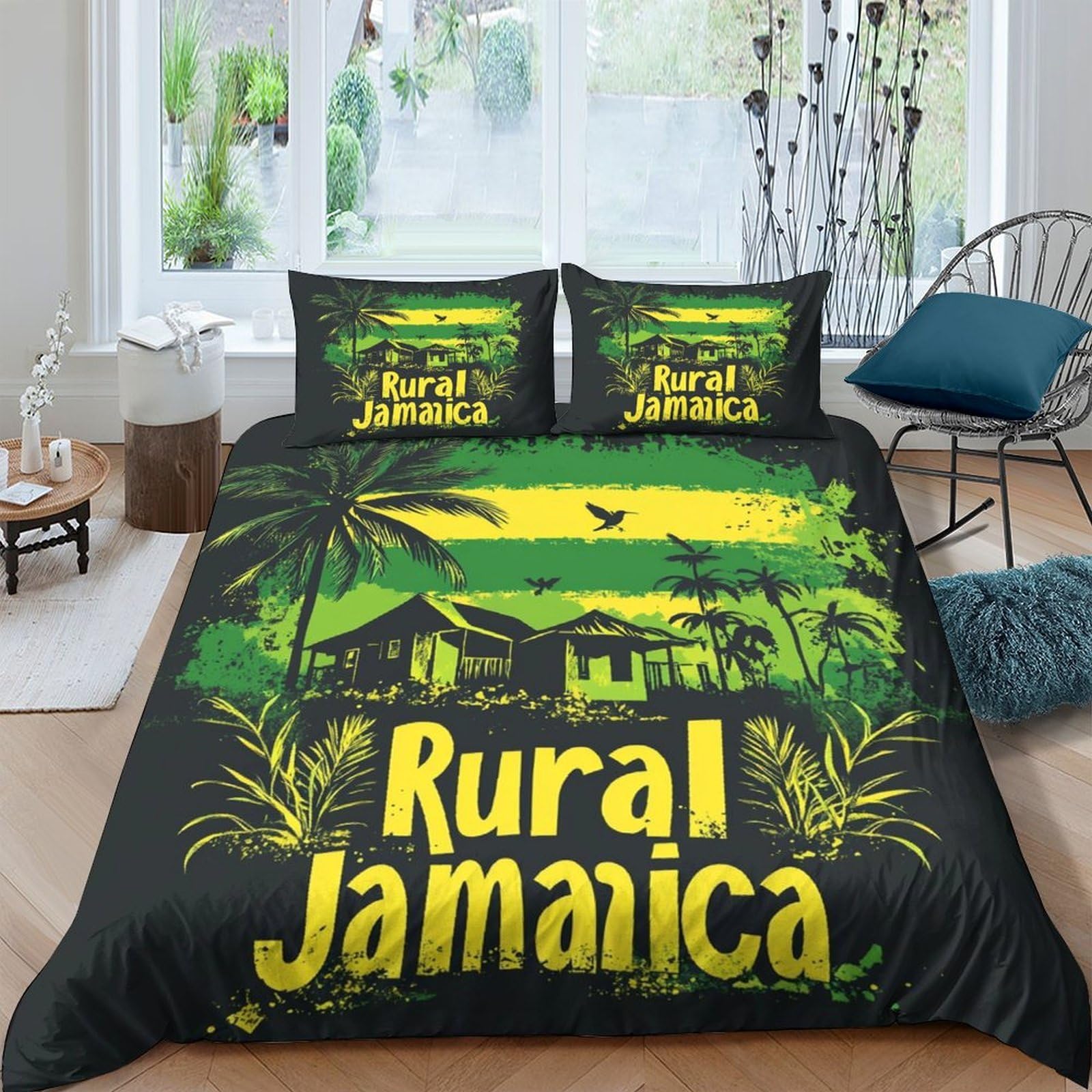 Ctjqhvkz Style-4 3D Printed Rural Jamaica Fitted Sheet Microfiber Soft Black Yellow Palm House Bed Cover For Bedroom Dorm Bed Protection Decor Single（135X200cm）