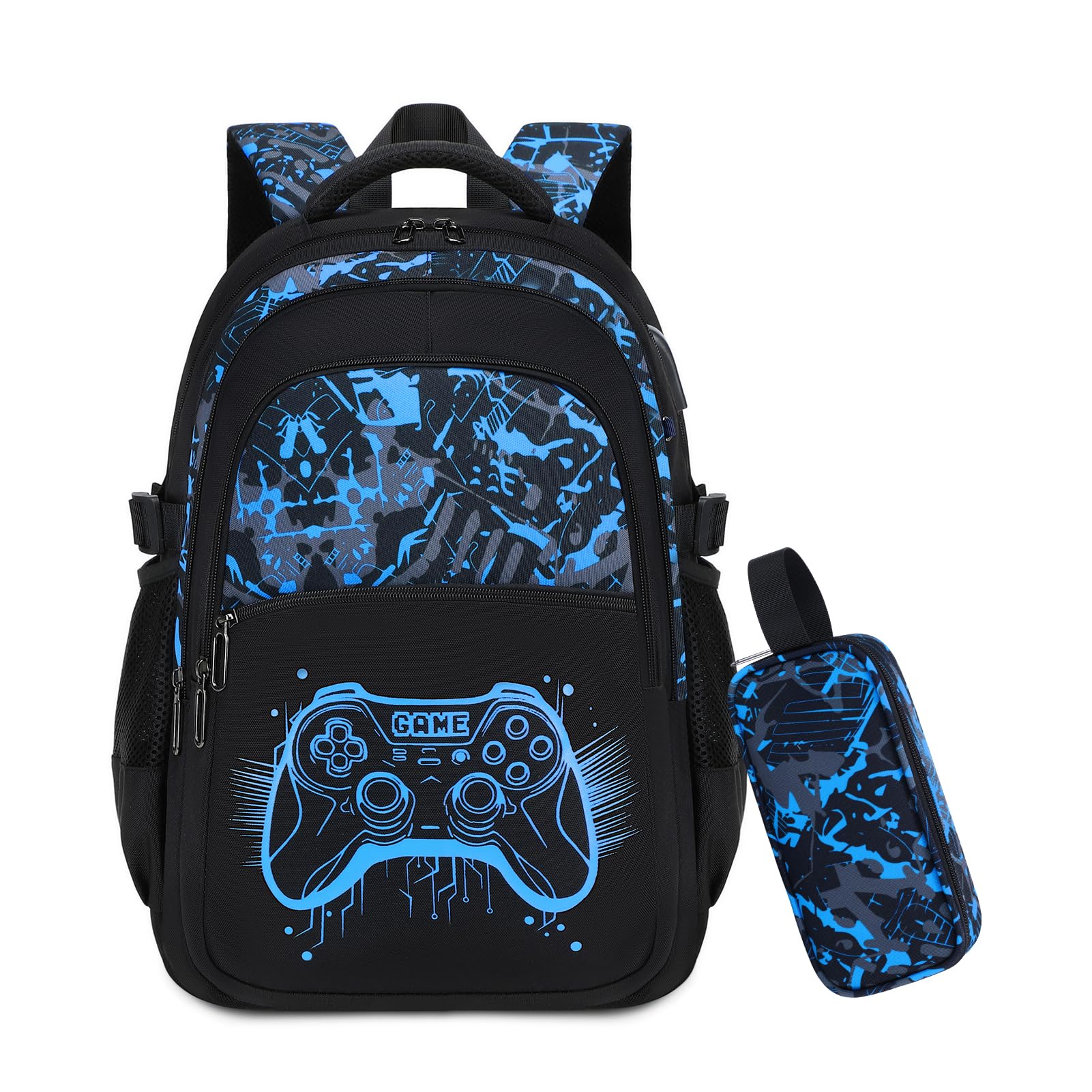 Schulrucksack Set Jungen mit Federmäppchen, Gaming Design | Großer Schulrucksack mit Leuchtendem Gaming Design, Ideal für Grundschule und Sekundarstufe
