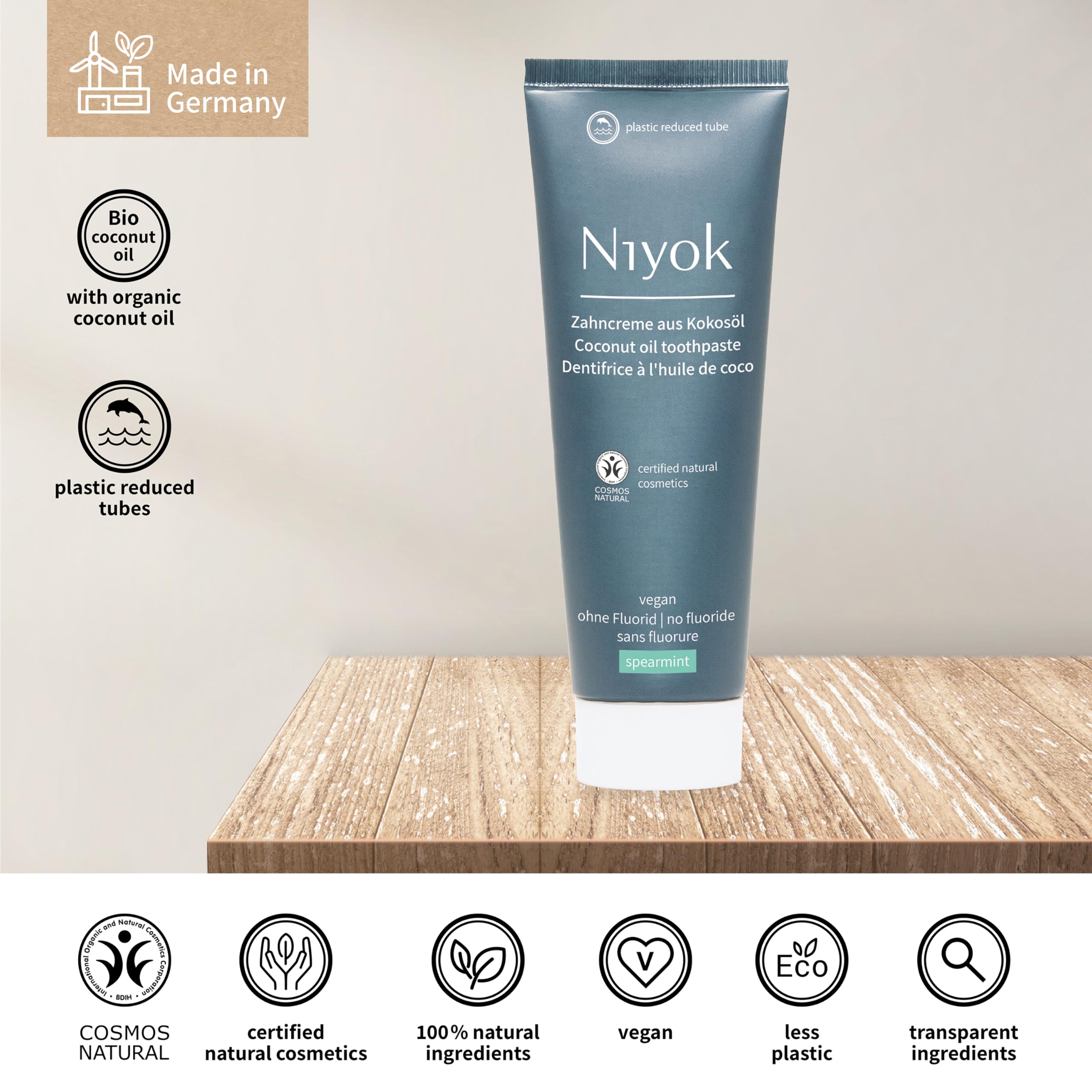 Niyok® Pasta do zębów z ekologicznego oleju kokosowego "Spearmint" (75 ml) • naturalna pasta do zębów do białych zębów • intensywna pielęgnacja i świeżość • chroni dziąsła • bez fluorku i wegańska