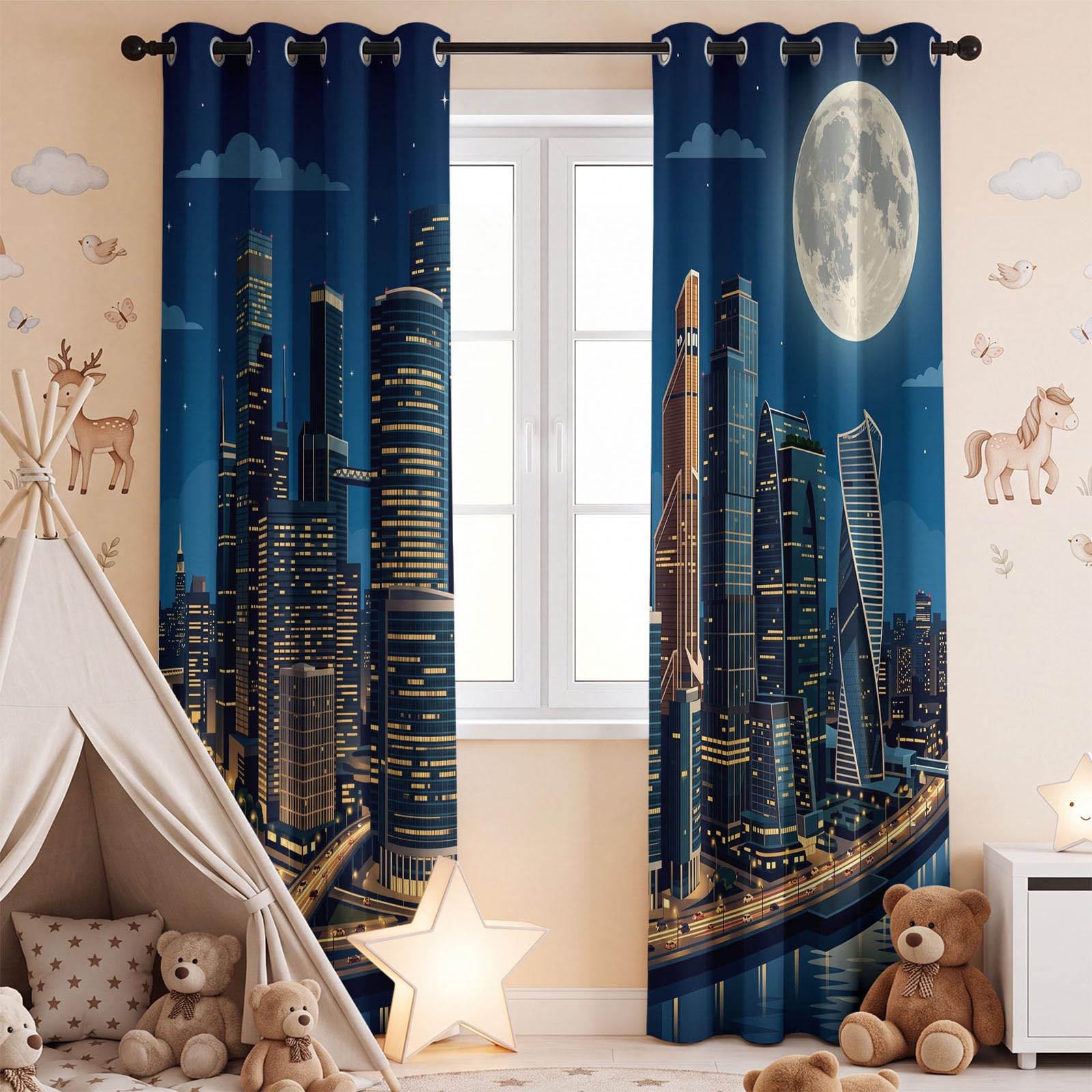 Générique Rideau Occultant Moderne Urbain 132 x 214 CM, Ville Architecture Rideaux et Draperies pour Enfants Filles Chambre Salon Rideaux de Fenêtre Thermiques Isolants