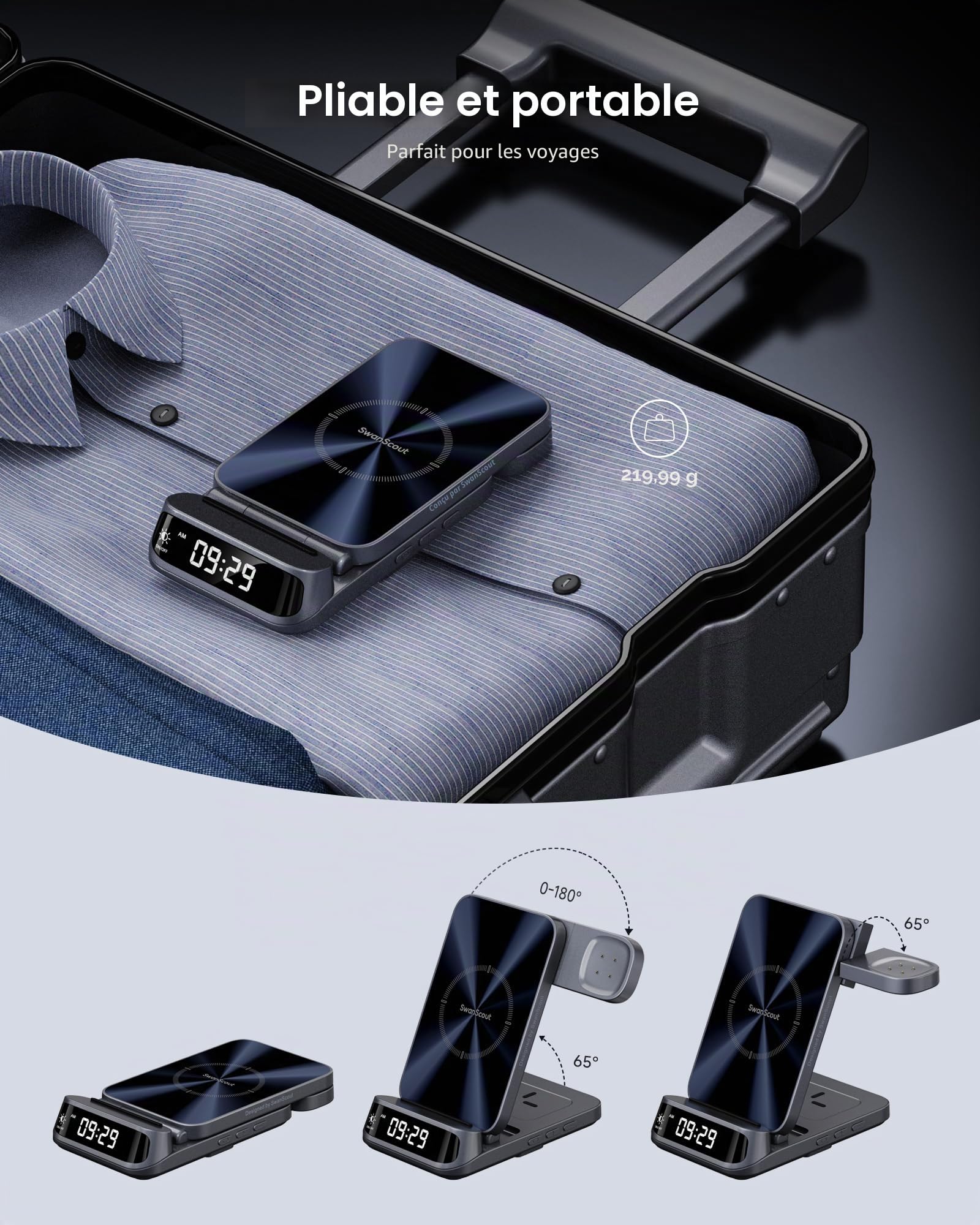 SwanScout Chargeur sans Fil 3 en 1 pour Pixel Watch 3/2 (Non pour Watch 4/1), Fitbit Versa 4/3, SwanScout 708G2, Station de Charge pour Google Pixel 9 Pro Fold/9/Fold/8/7/7a/6, Pixel Buds Pro 2